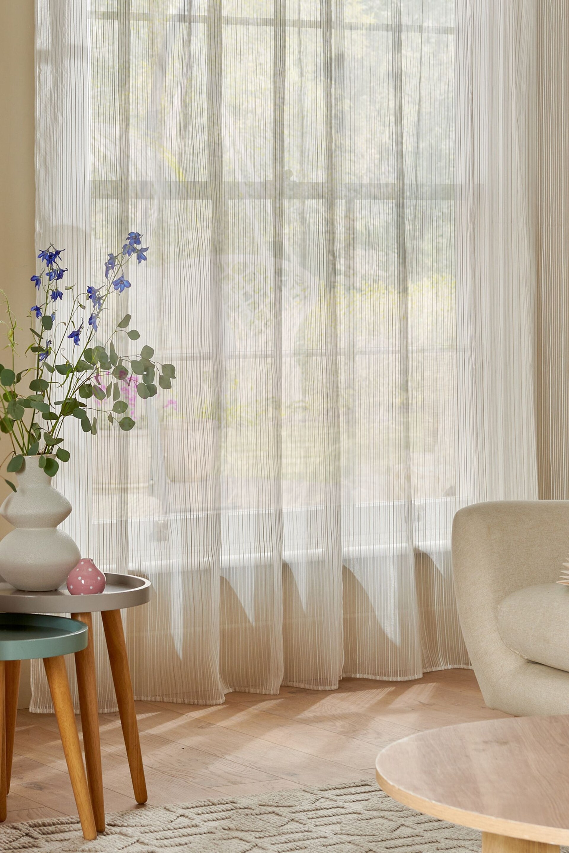 Natural Stripe Voile Slot Top Unlined Sheer Panel Curtain - Image 3 of 7