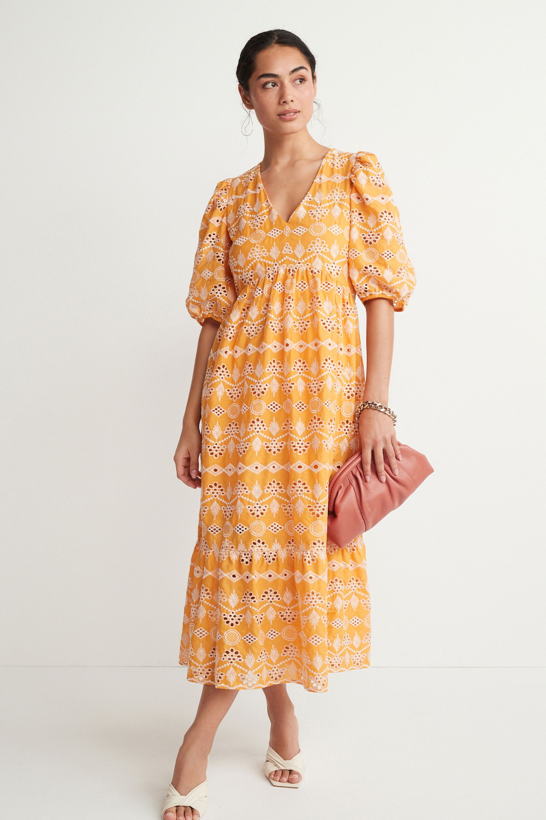 Buy Ochre Broderie Dress from Next Luxembourg