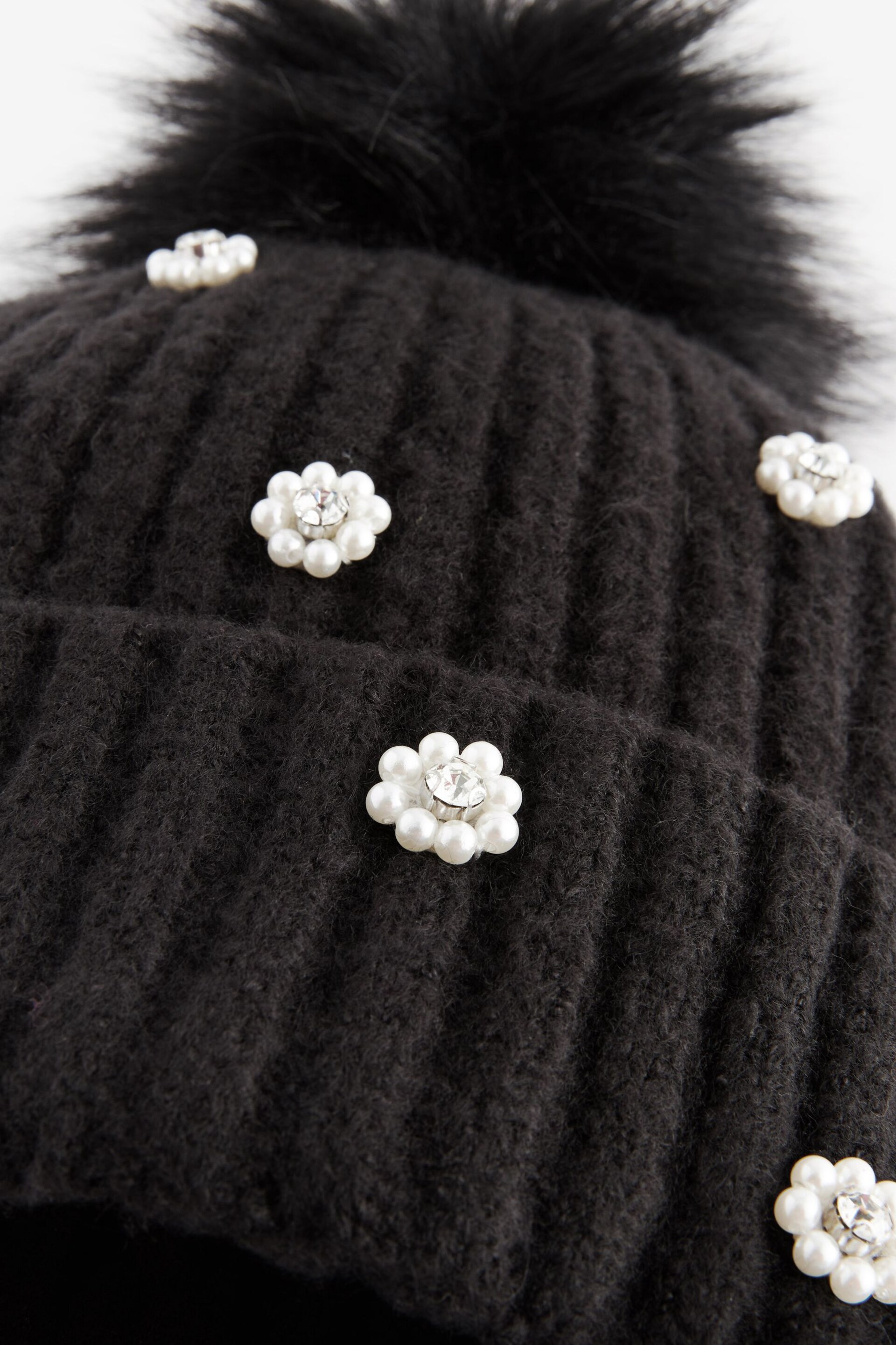 Black Embellished Pearl Pom Hat - Image 4 of 4