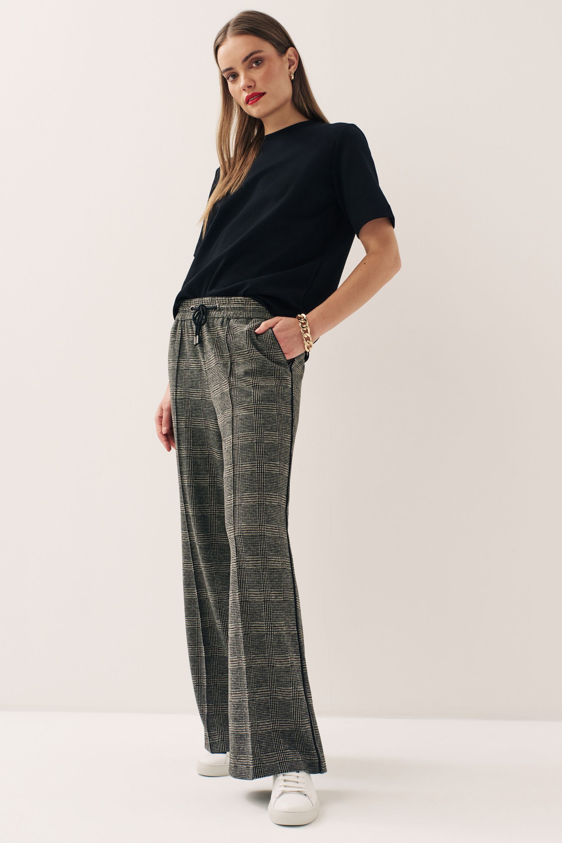 Buy Neutral Checkered Jersey Wide Leg Trousers from Next Luxembourg