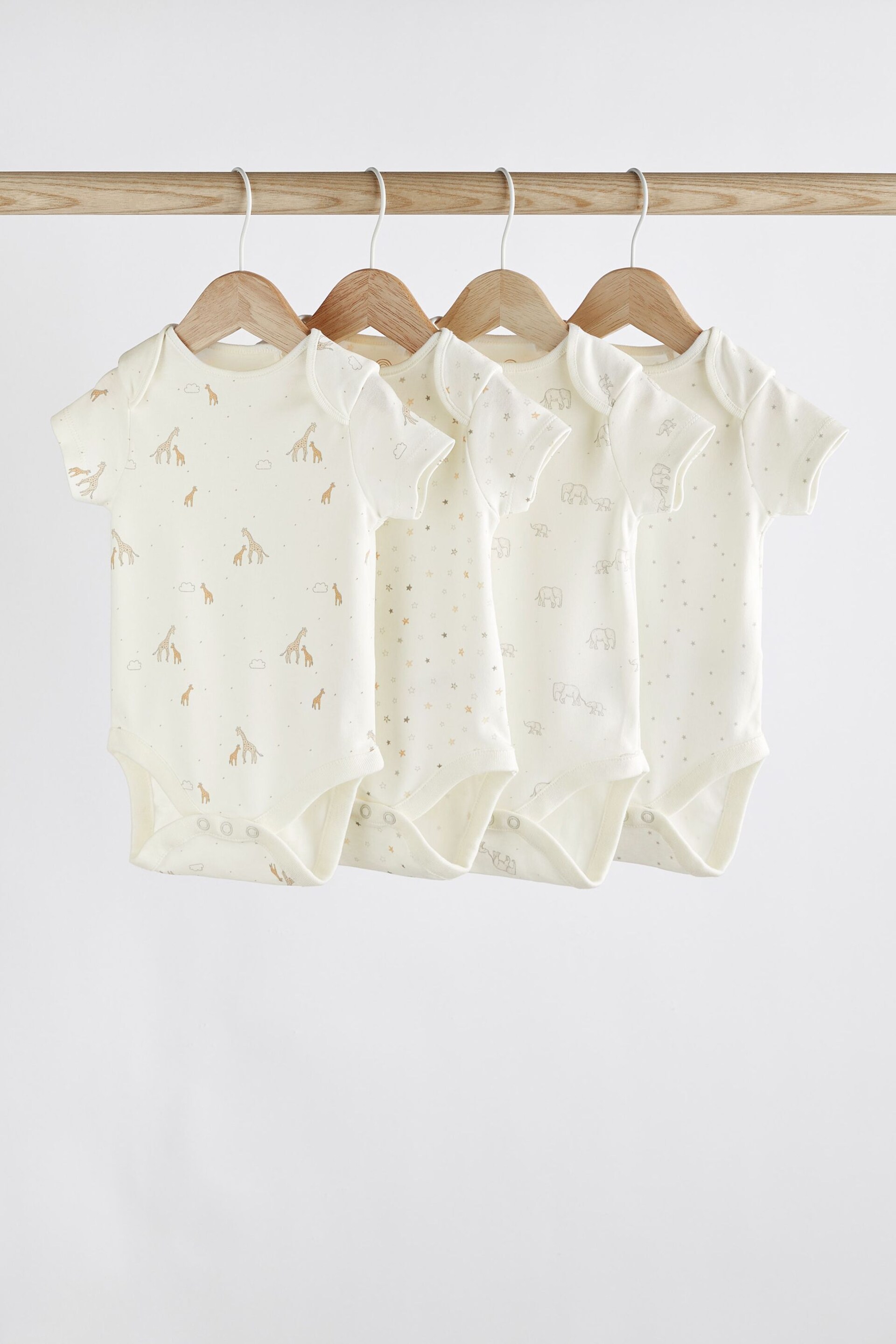 Delicate White Animal 4 Pack Baby Printed Short Sleeve Bodysuits - Image 1 of 6