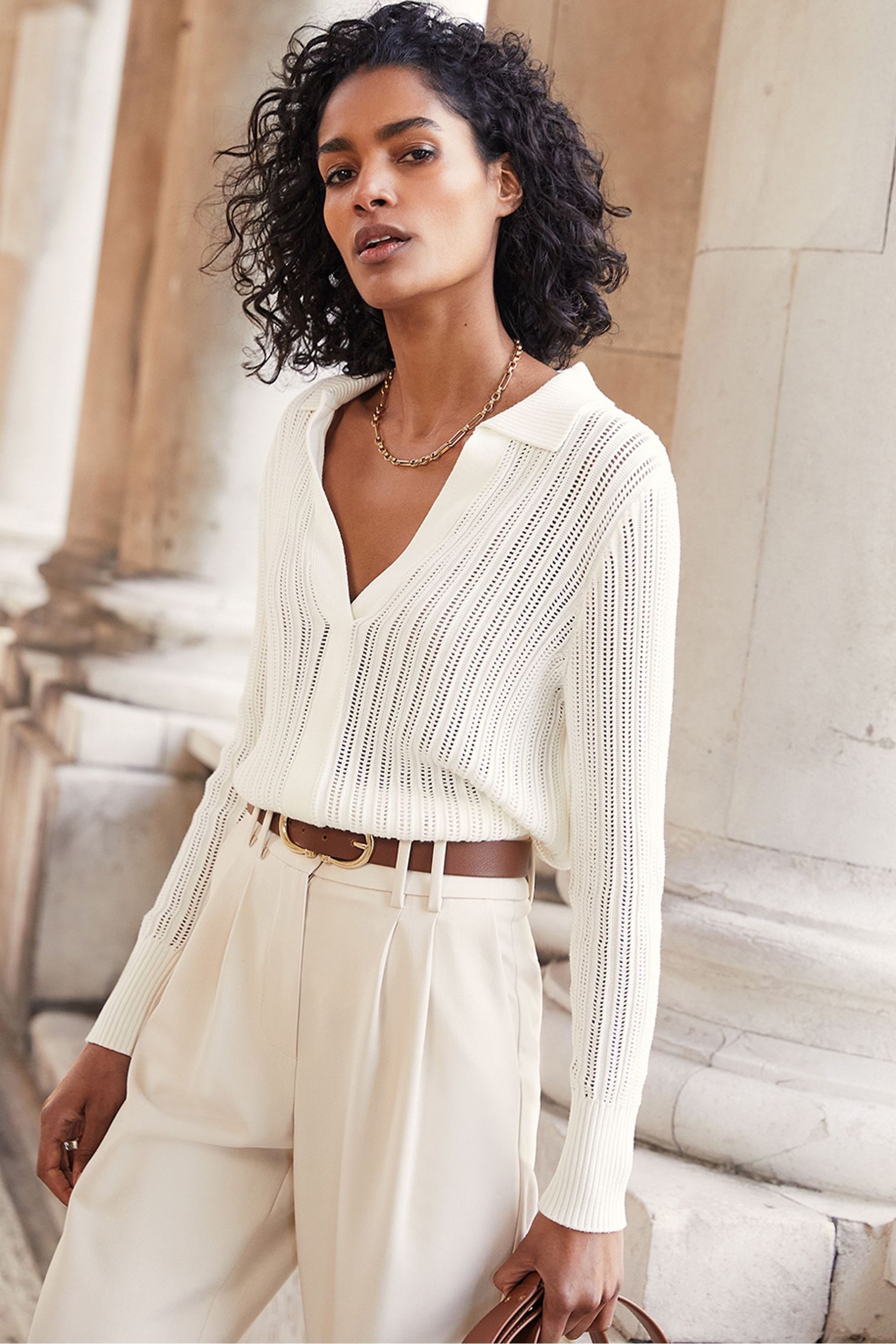 Buy Mint Velvet White Open Stitch Polo Jumper from Next Luxembourg