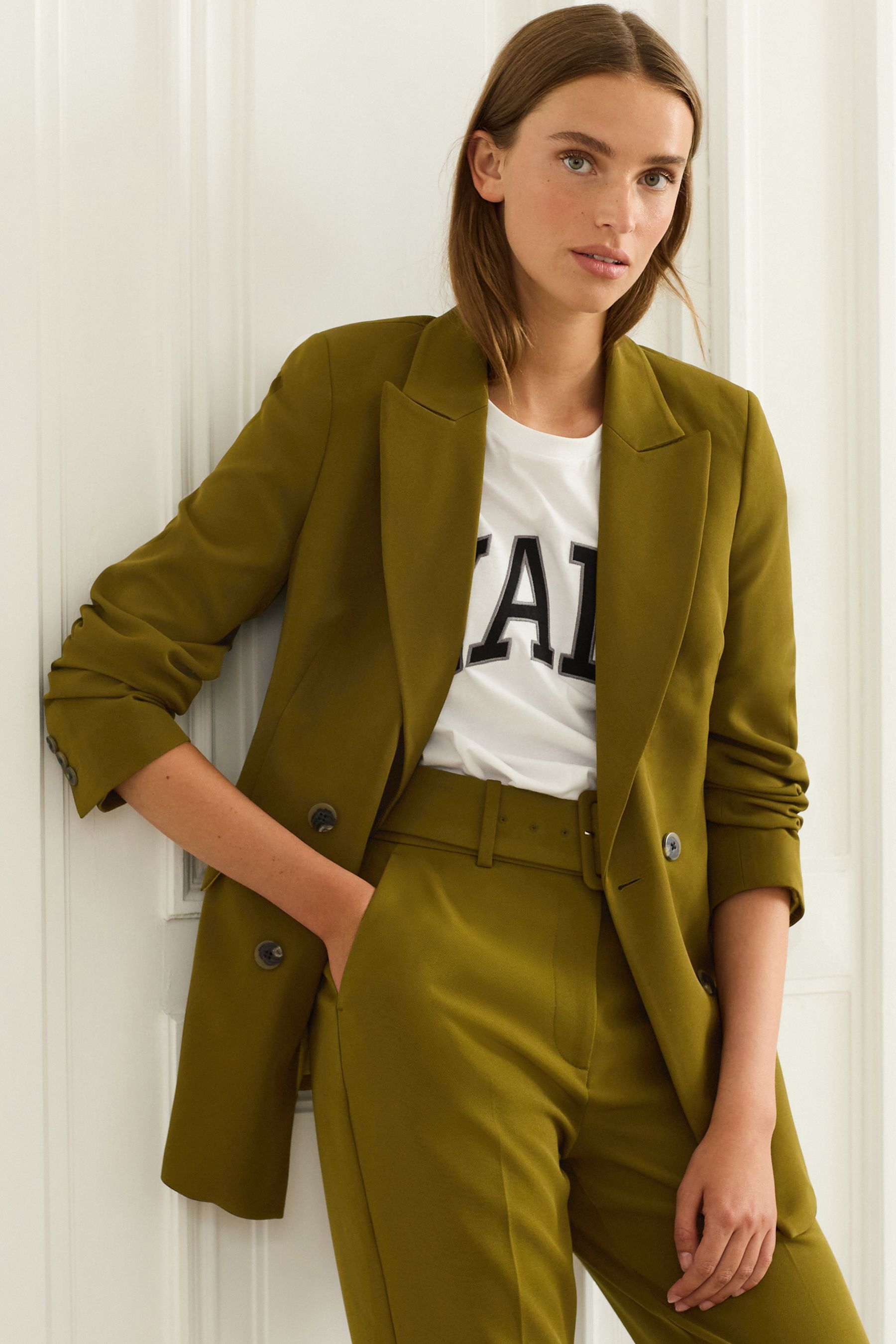 Buy Olive Green Tailored Crepe Double Breasted Blazer from Next Luxembourg
