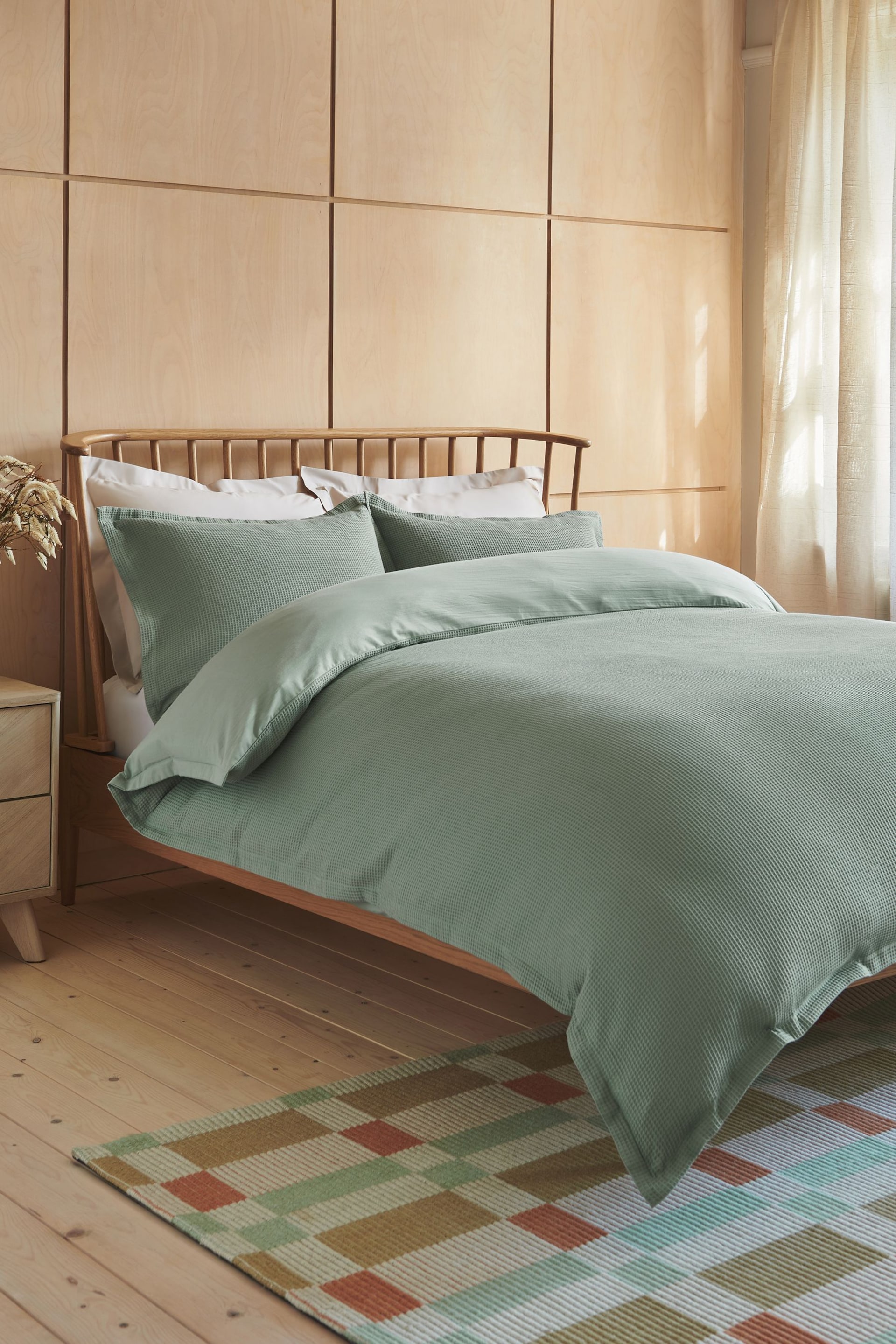 Sage Green Waffle Duvet Cover and Pillowcase Set - Image 2 of 4