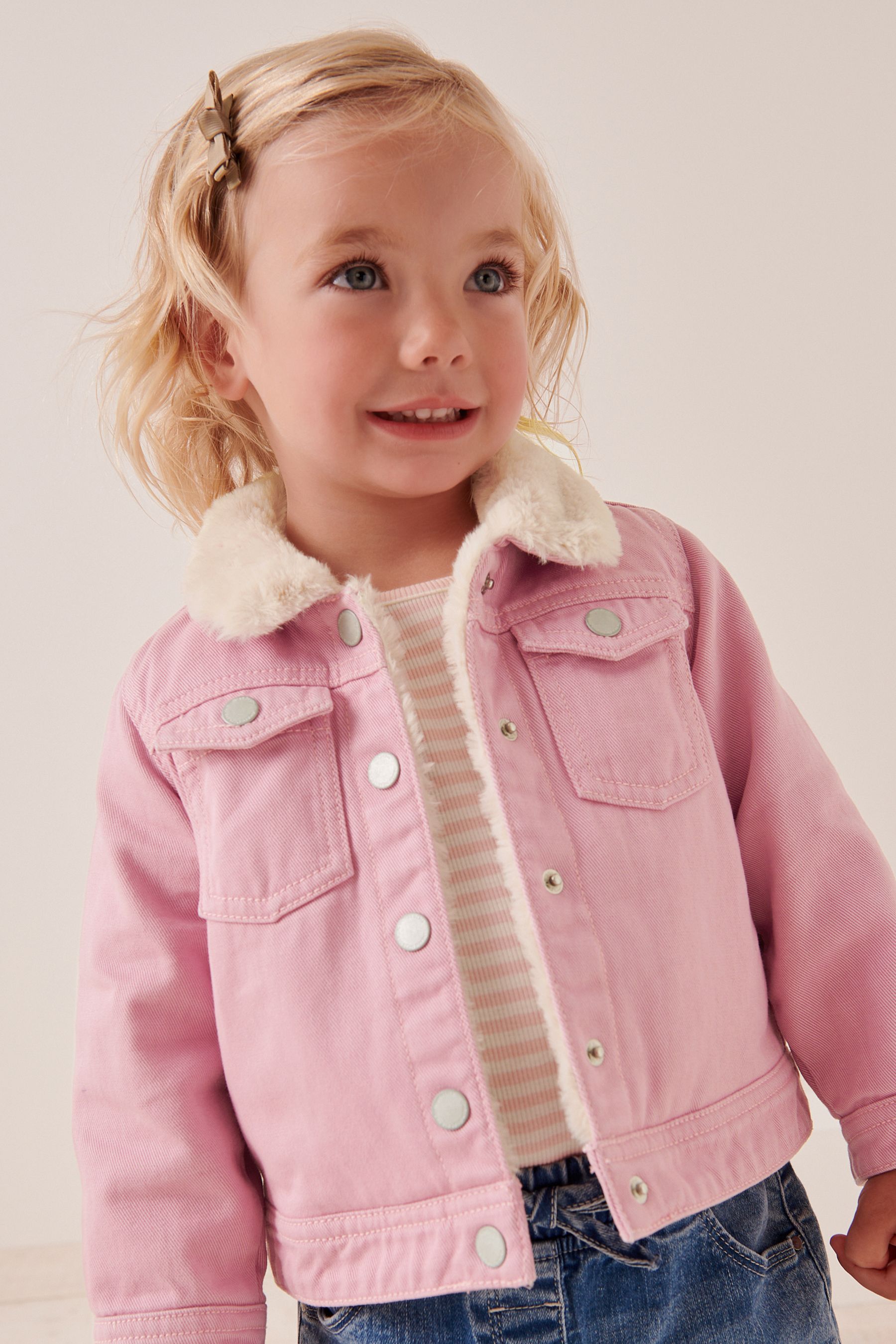 Buy Pink Faux Fur Collar Lined Denim Jacket 12mths 7yrs from Next Luxembourg
