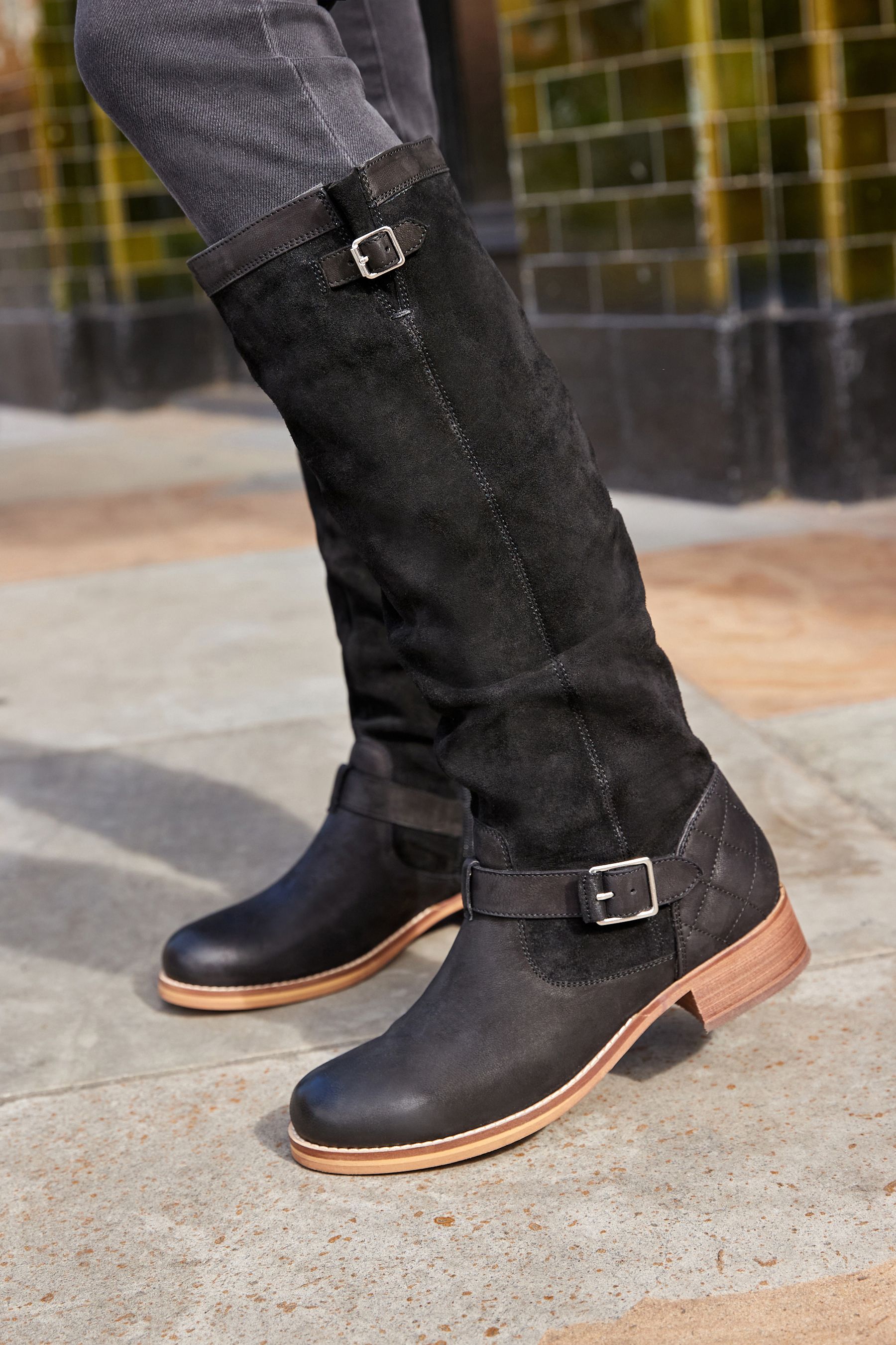 Black slouch knee high boots shop