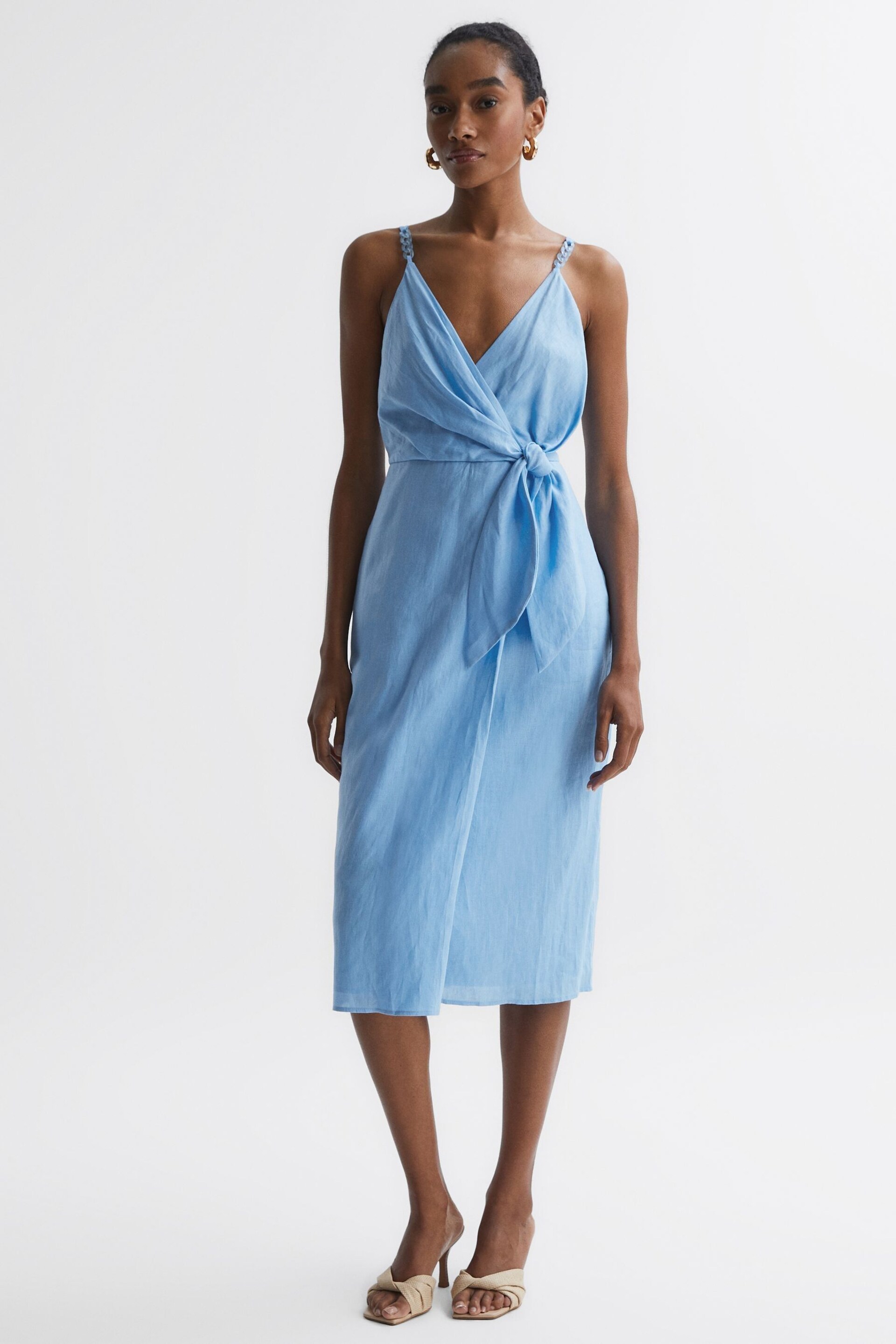 Reiss Blue Esme Petite Linen Side Tie Midi Dress - Image 1 of 6