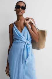 Reiss Blue Esme Petite Linen Side Tie Midi Dress - Image 3 of 6