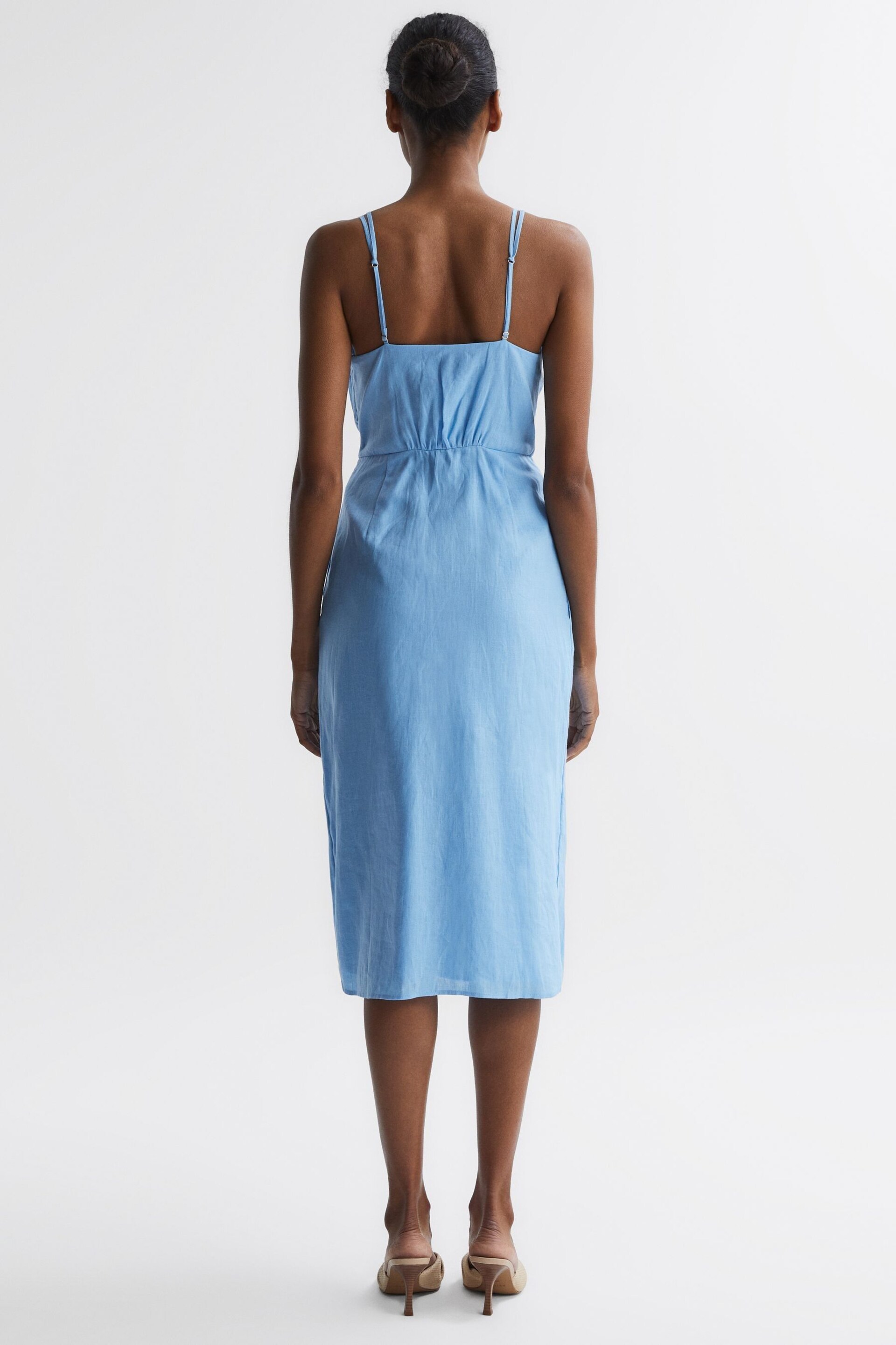 Reiss Blue Esme Petite Linen Side Tie Midi Dress - Image 5 of 6