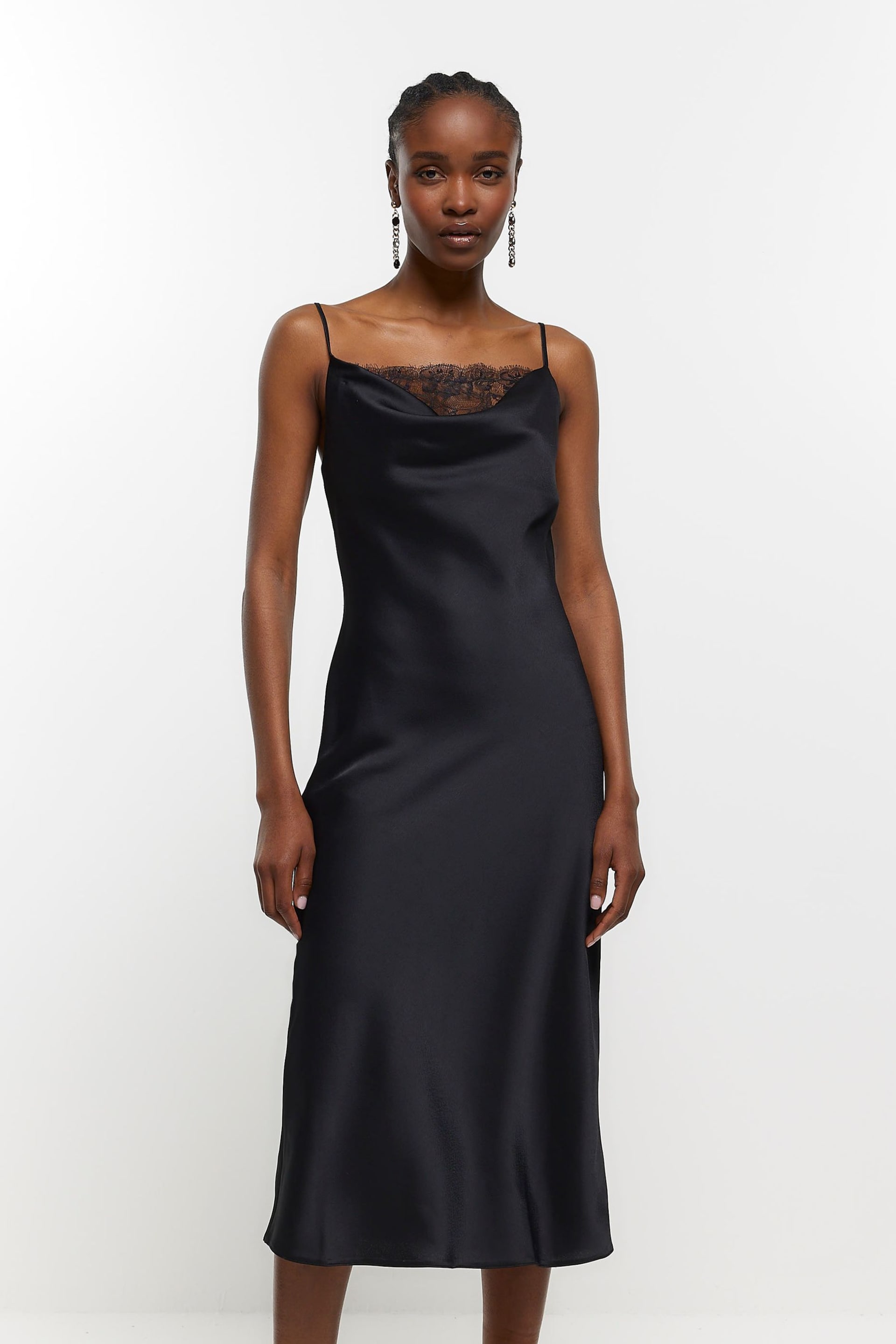 River Island Black Lace Cowl Neck Slip Dress - Image 1 of 5