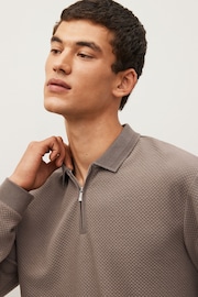 Neutral Brown Textured Long Sleeve Polo Shirt - Image 1 of 9