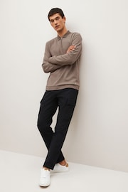 Neutral Brown Textured Long Sleeve Polo Shirt - Image 2 of 9