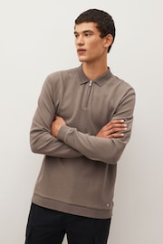 Neutral Brown Textured Long Sleeve Polo Shirt - Image 4 of 9