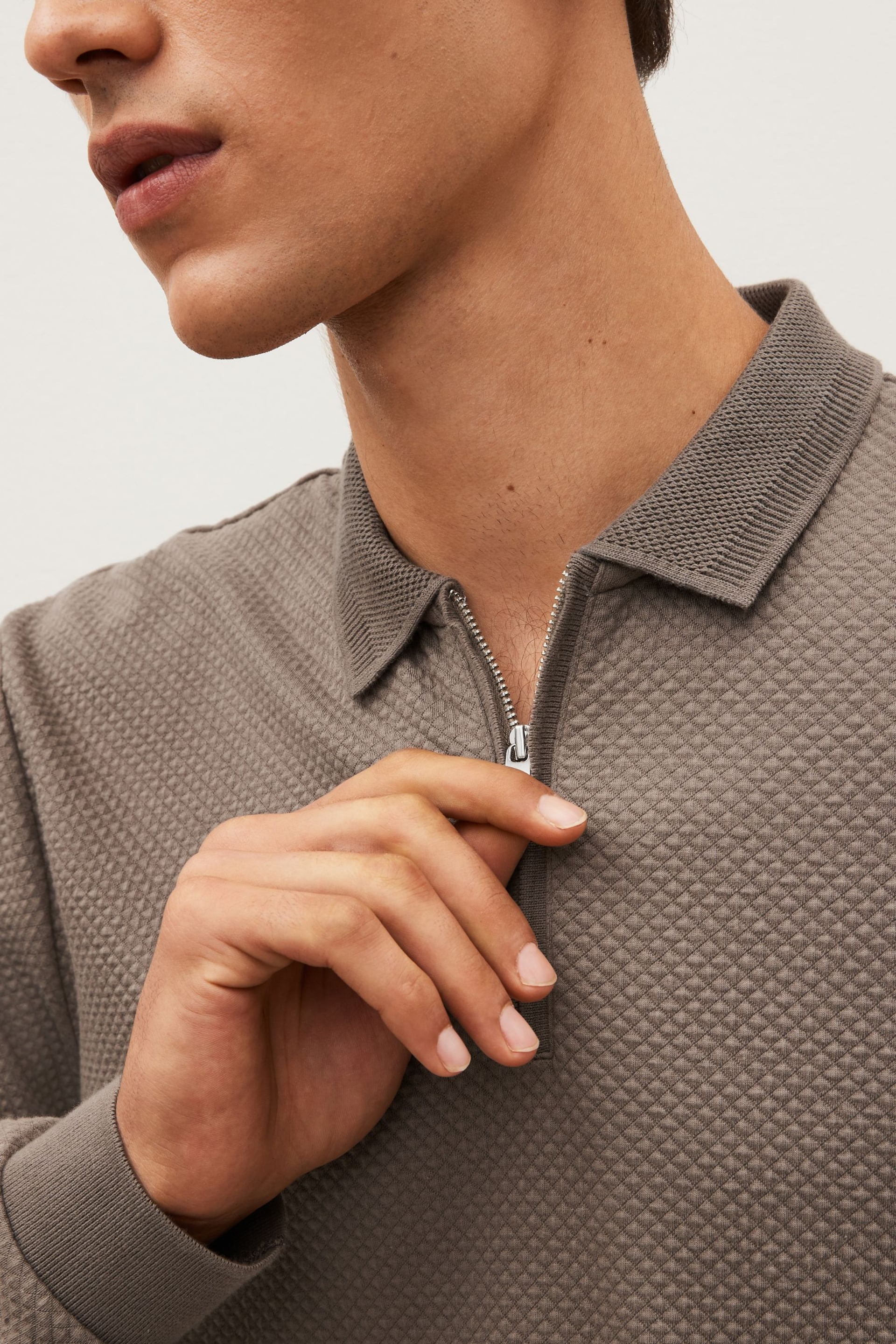 Neutral Brown Textured Long Sleeve Polo Shirt - Image 5 of 9