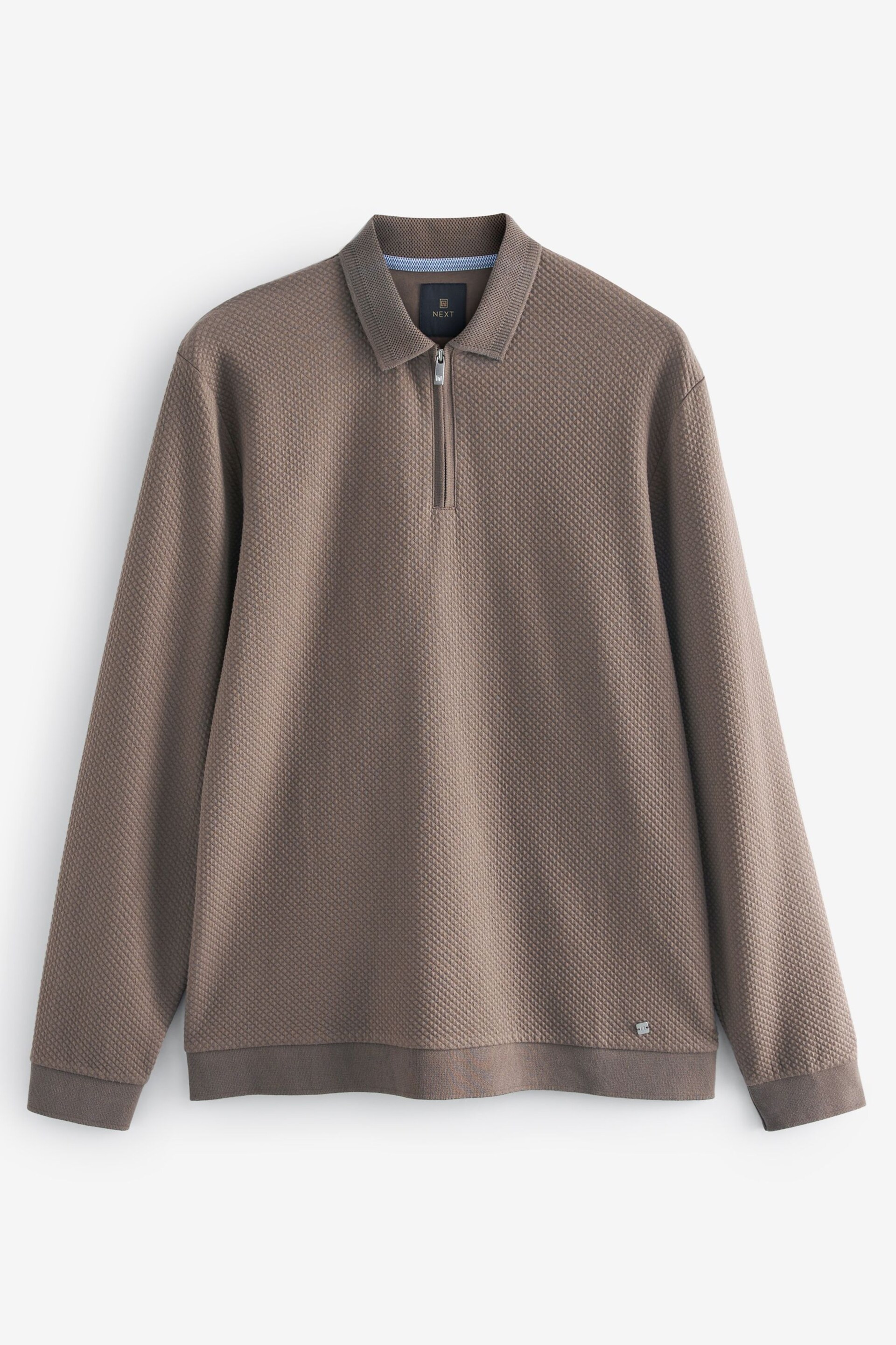 Neutral Brown Textured Long Sleeve Polo Shirt - Image 7 of 9