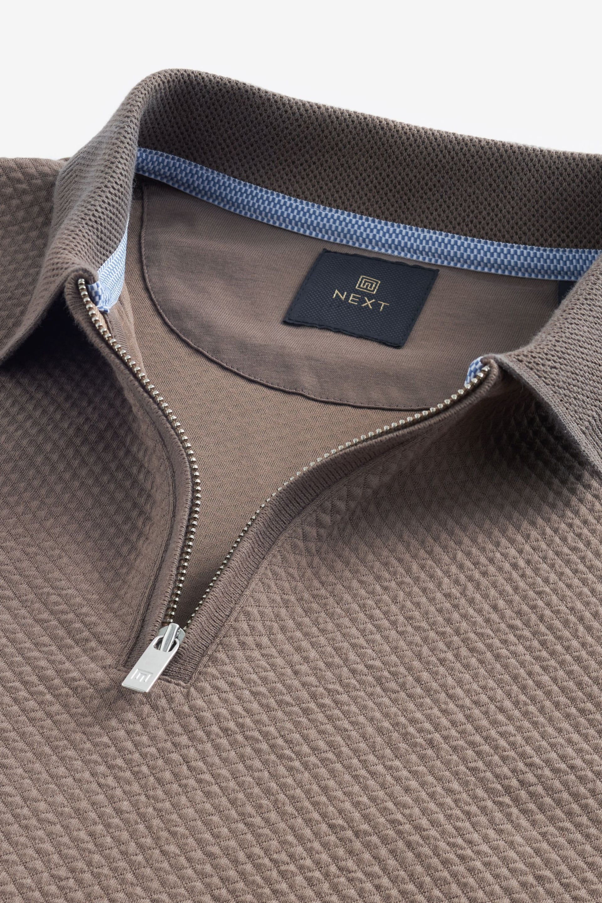 Neutral Brown Textured Long Sleeve Polo Shirt - Image 8 of 9