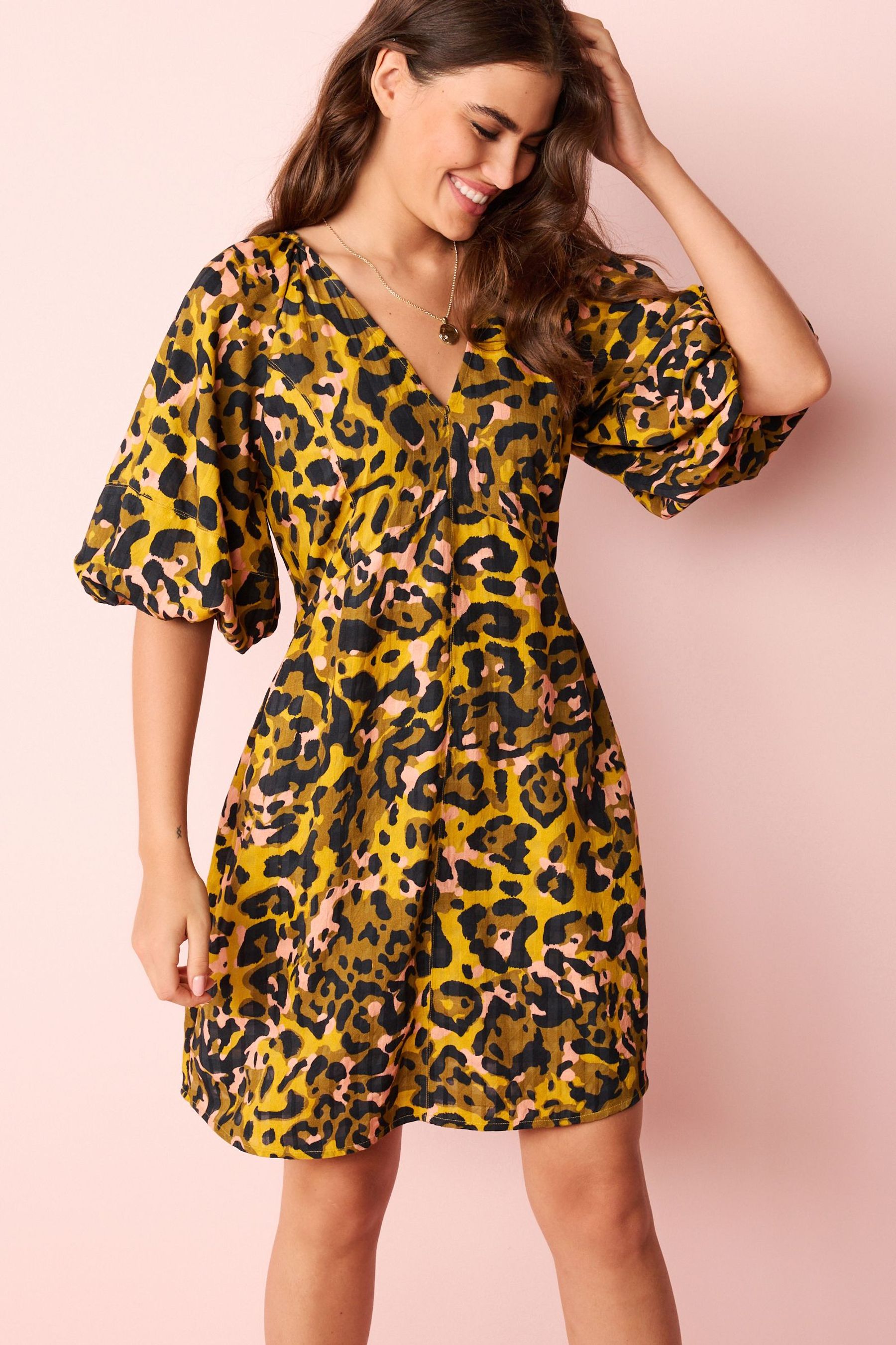 Buy Ochre Yellow Animal Print Volume Sleeve V Neck Mini Dress from Next Luxembourg