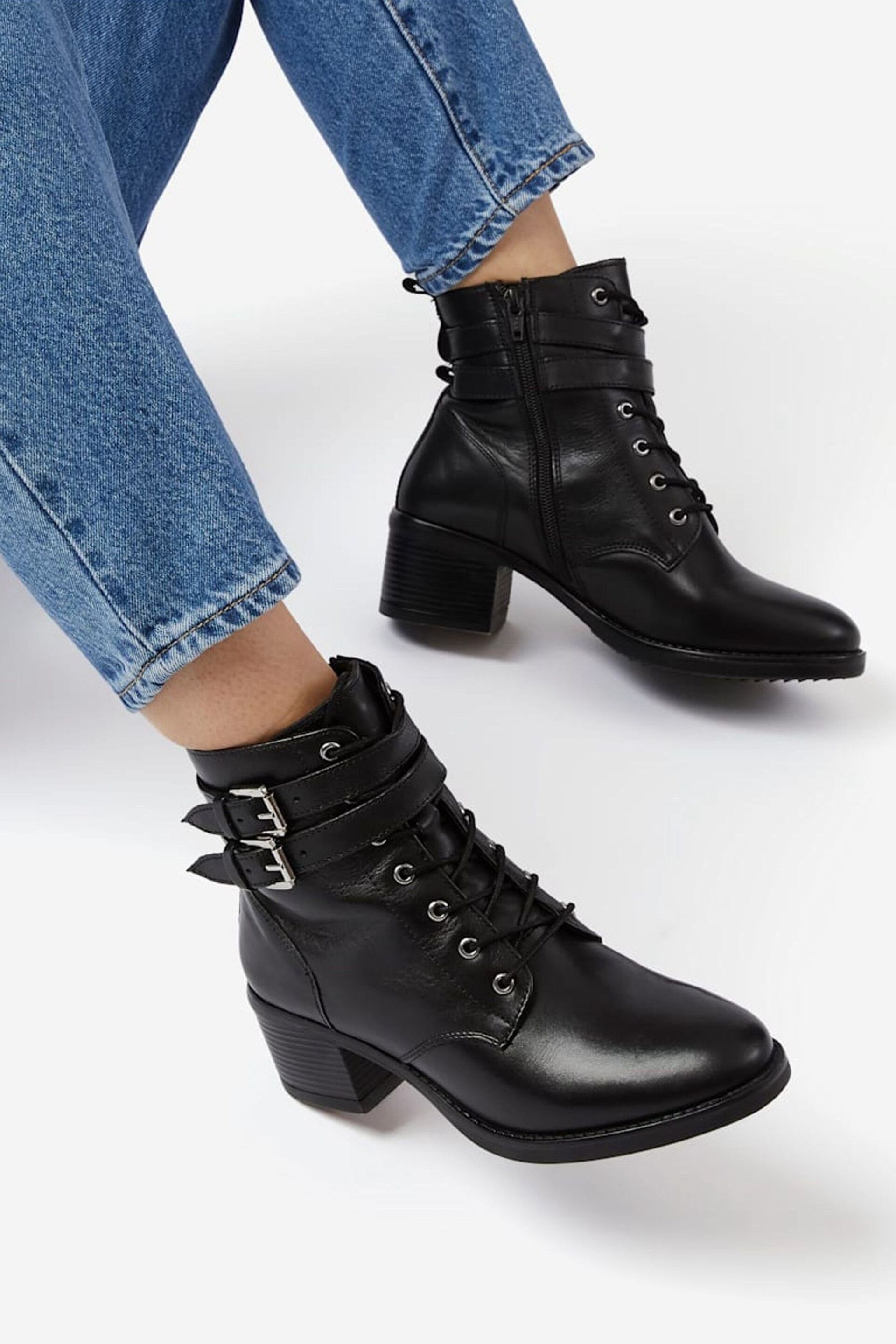 Dune London Black Wide Fit Paxan Buckle Detail Heeled Ankle Boots - Image 2 of 8