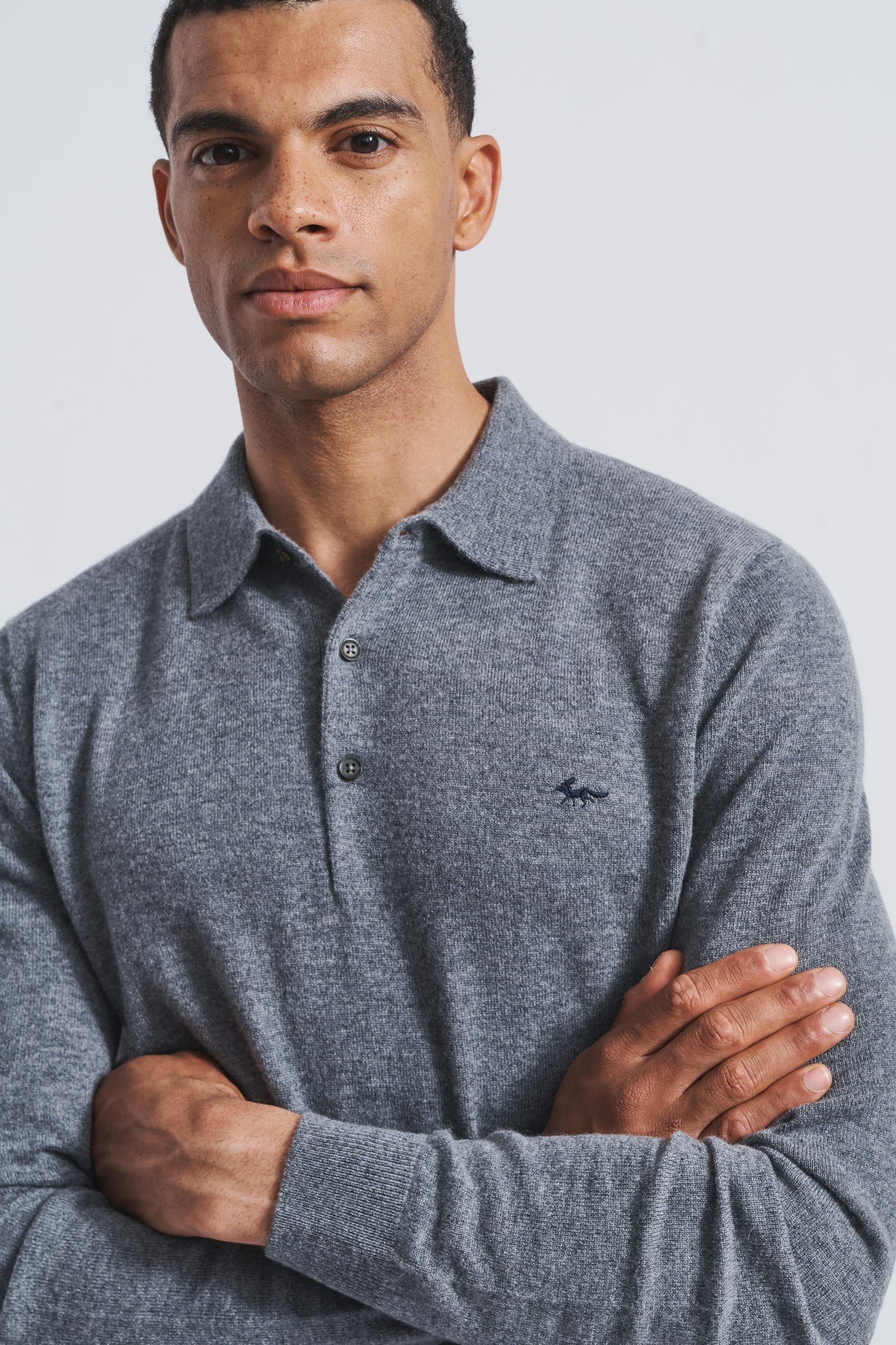 Aubin Grey Merino Cashmere Blend Polo Shirt - Image 3 of 4