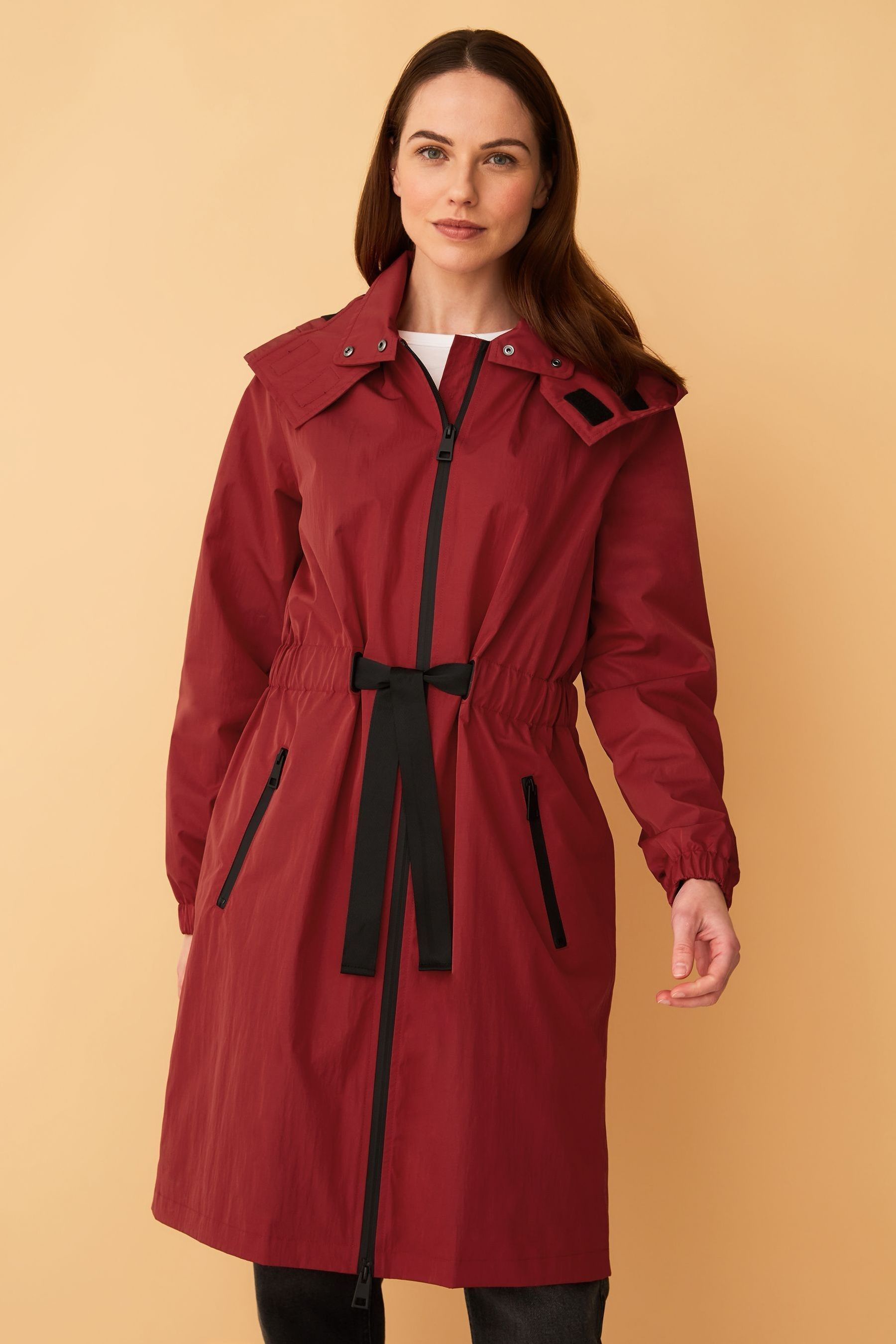 F F Red Waterproof Longline Parka Coat