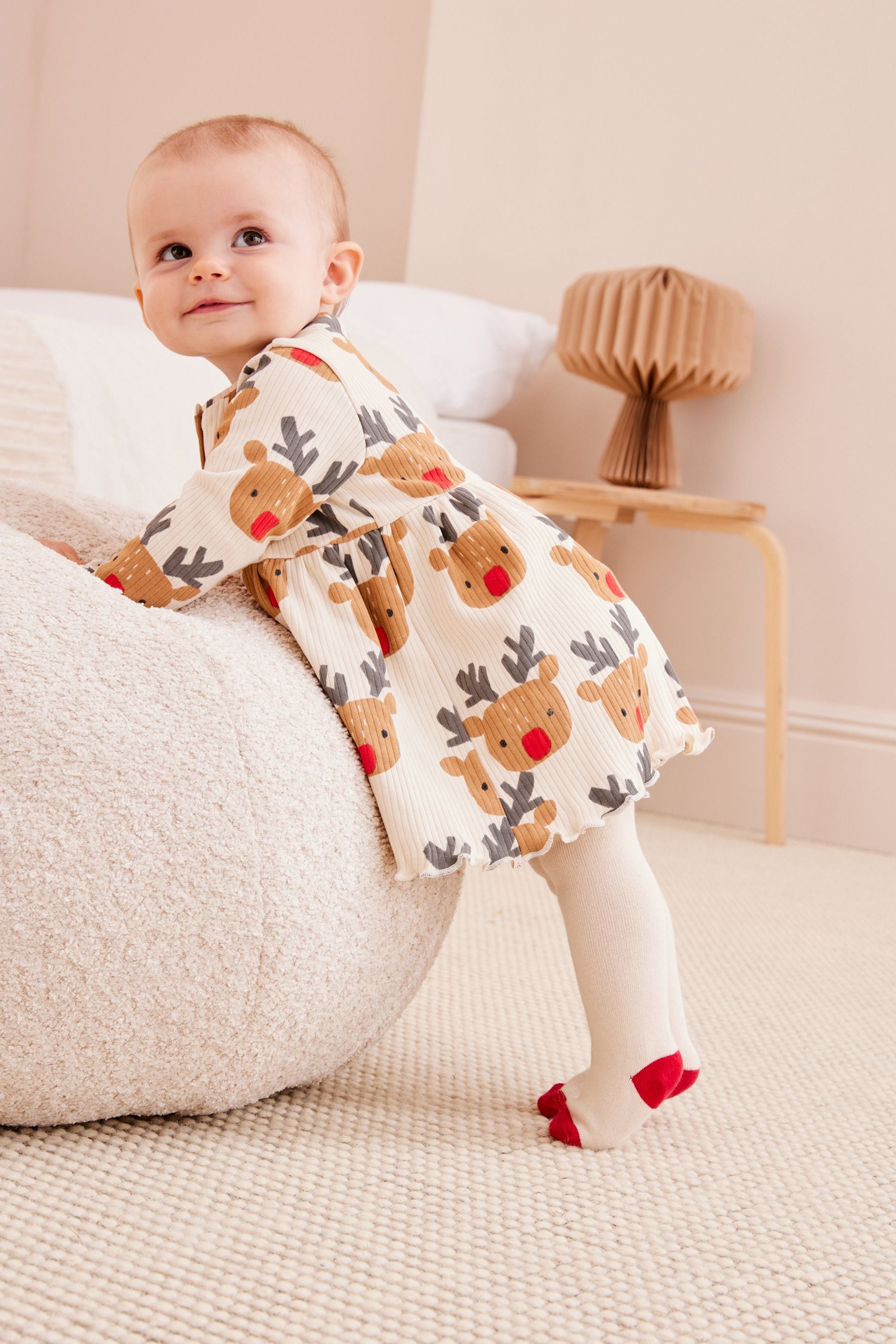 Buy Red Cream Reindeer Baby Christmas Dress 0mths 2yrs from Next Luxembourg