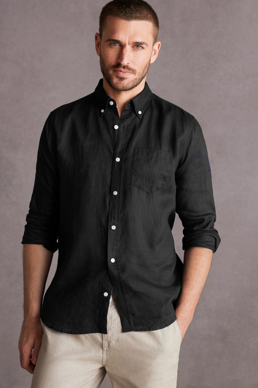 Black Standard Collar Signature 100% Linen Long Sleeve Shirt - Image 1 of 8