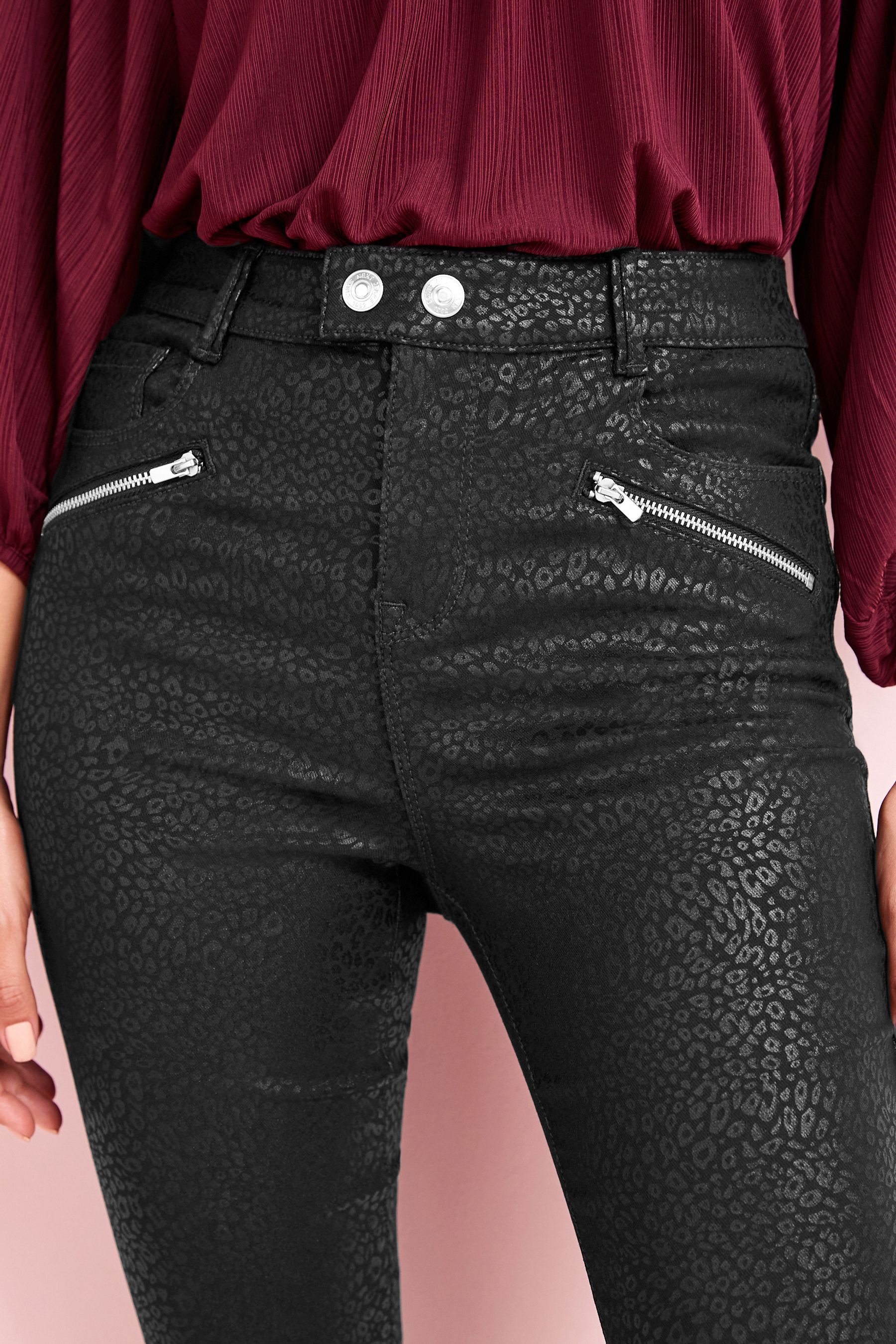 Black Leopard Print Coated Biker Skinny Jeans