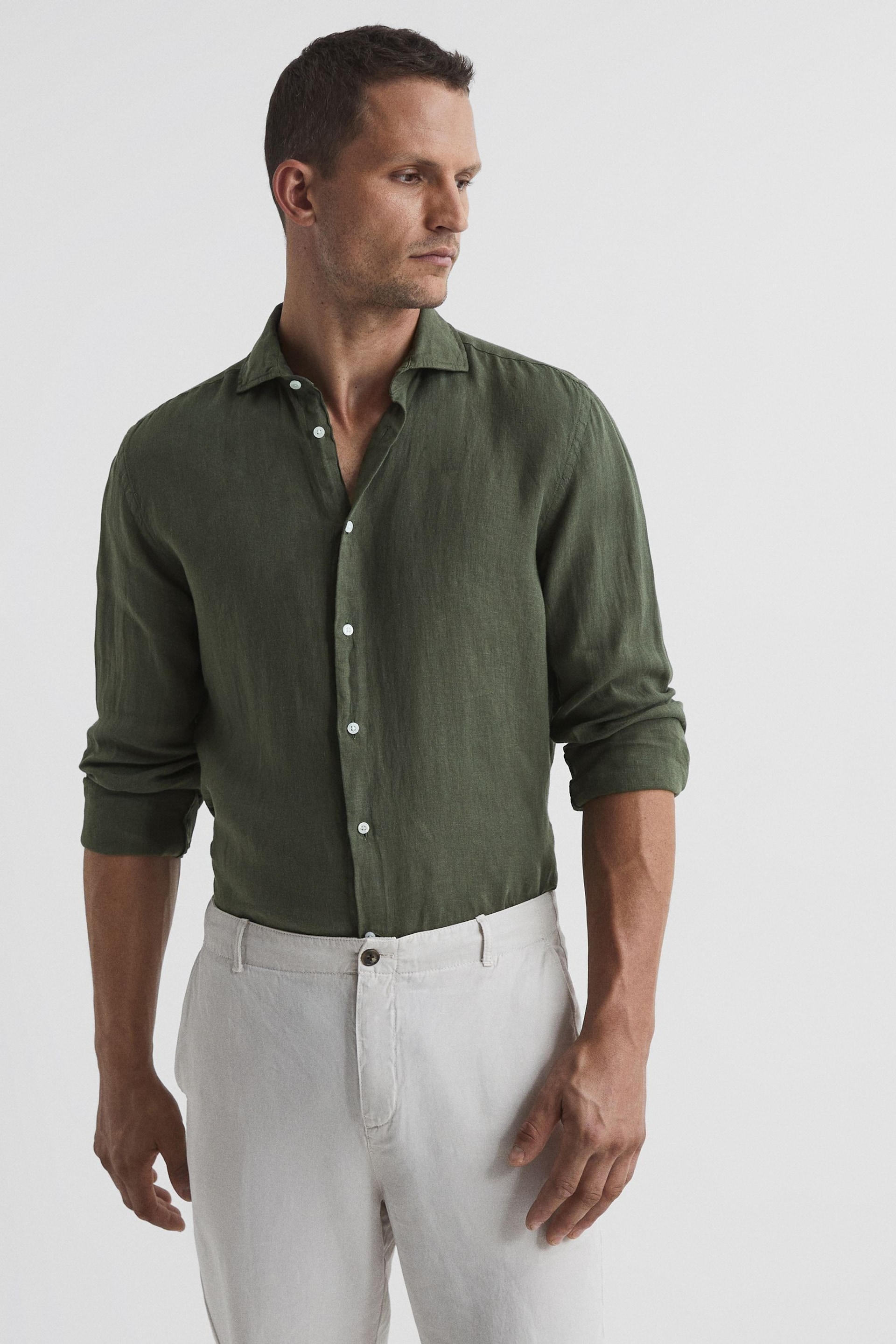 Reiss Olive Ruban Linen Button-Through Shirt - Image 1 of 2