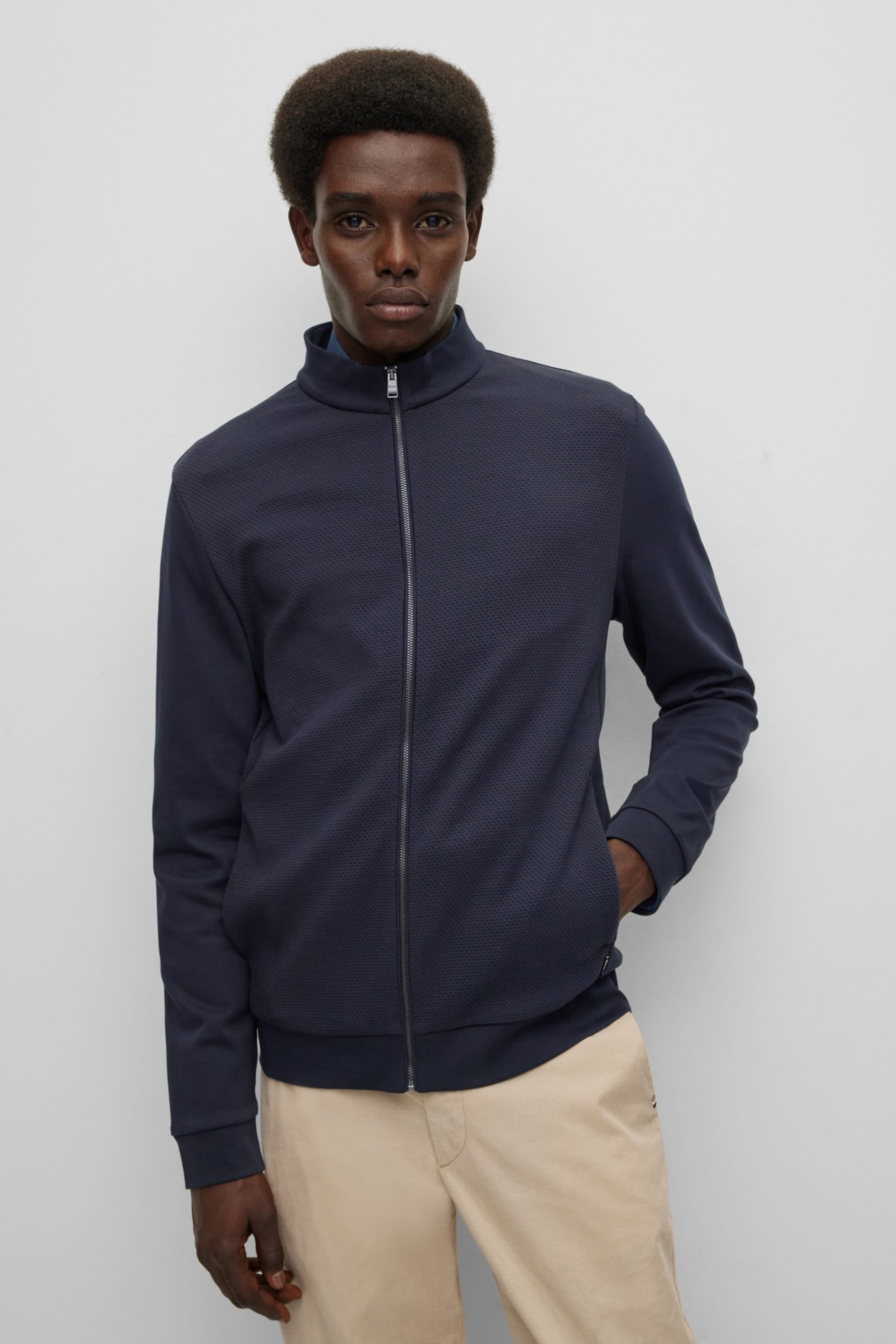 BOSS Dark Blue Textured Front Zip Through Sweatshirt - Image 1 of 4