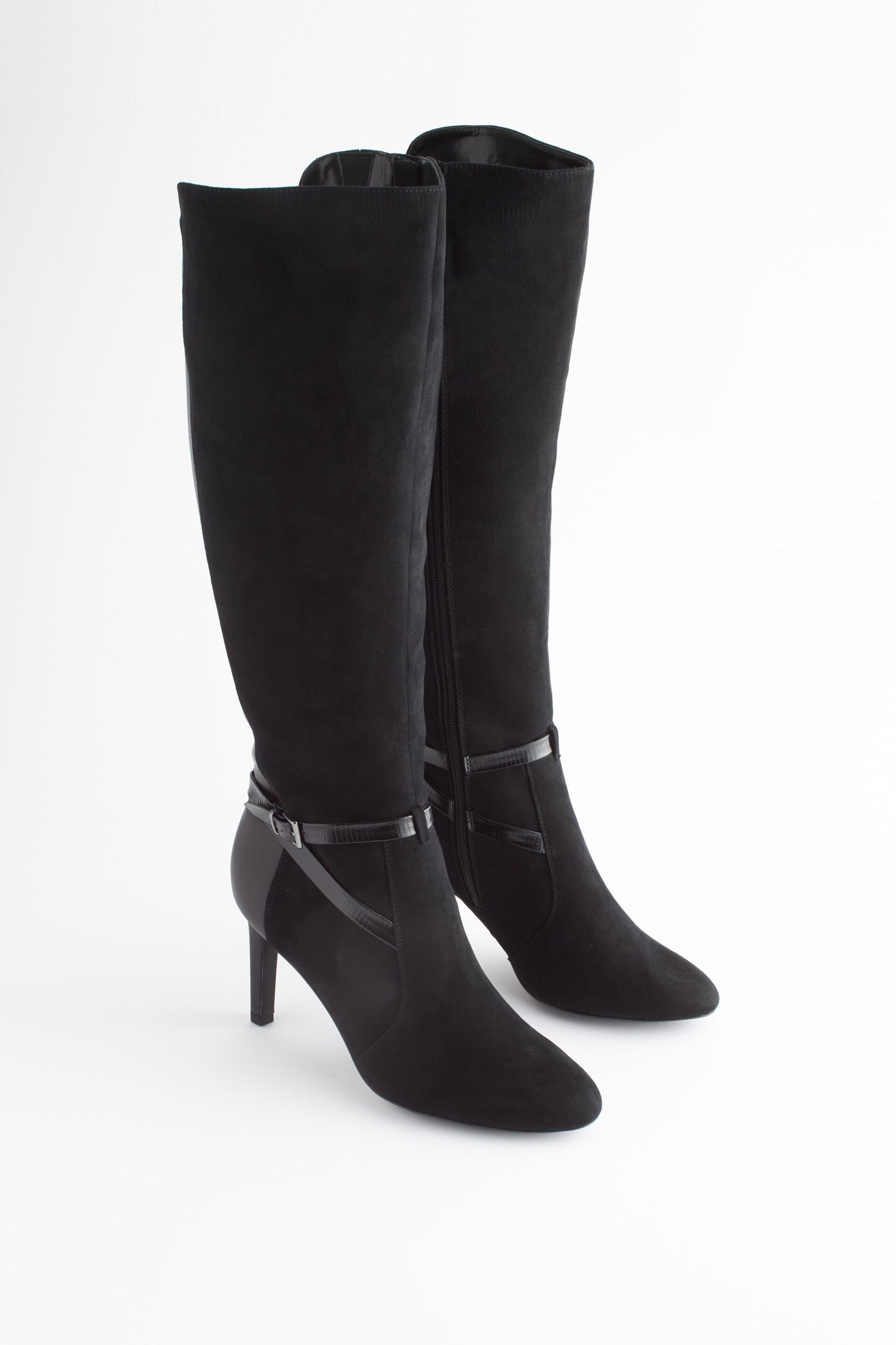 Black Extra Wide Fit Forever Comfort® Buckle Detail Heeled Knee High Boots - Image 1 of 6