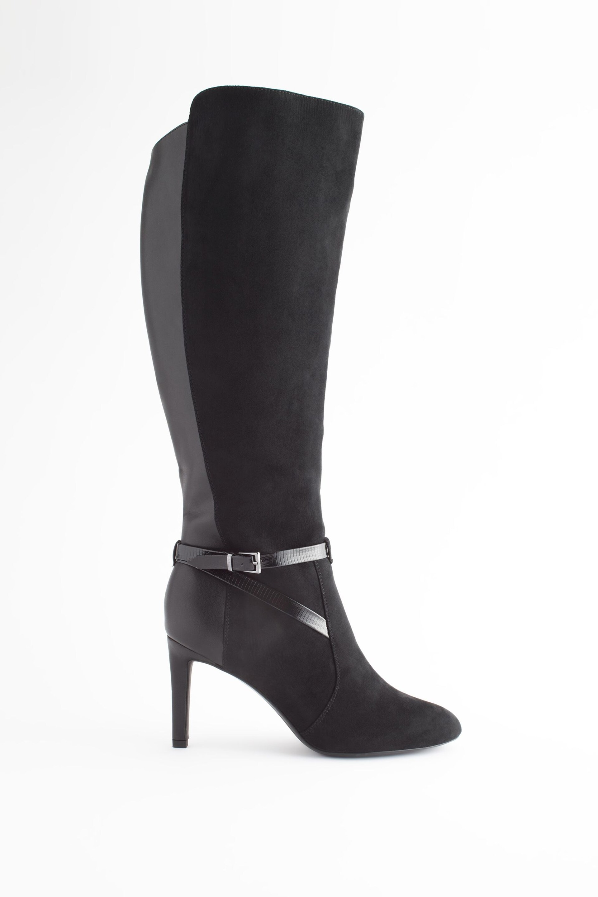 Black Extra Wide Fit Forever Comfort® Buckle Detail Heeled Knee High Boots - Image 2 of 6