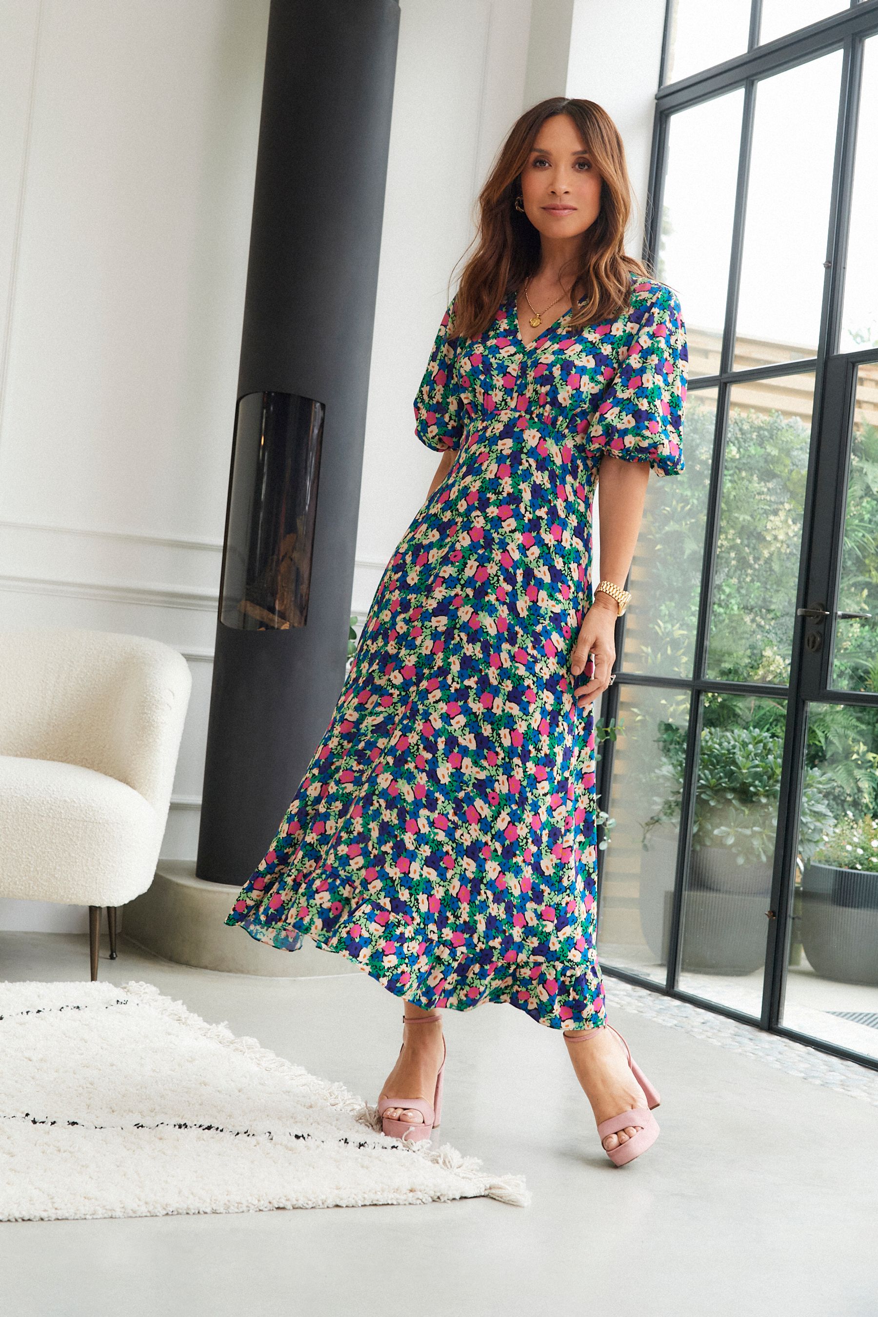Buy Myleene Klass V Neck Pink Floral Midi Tea Dress from Next Luxembourg