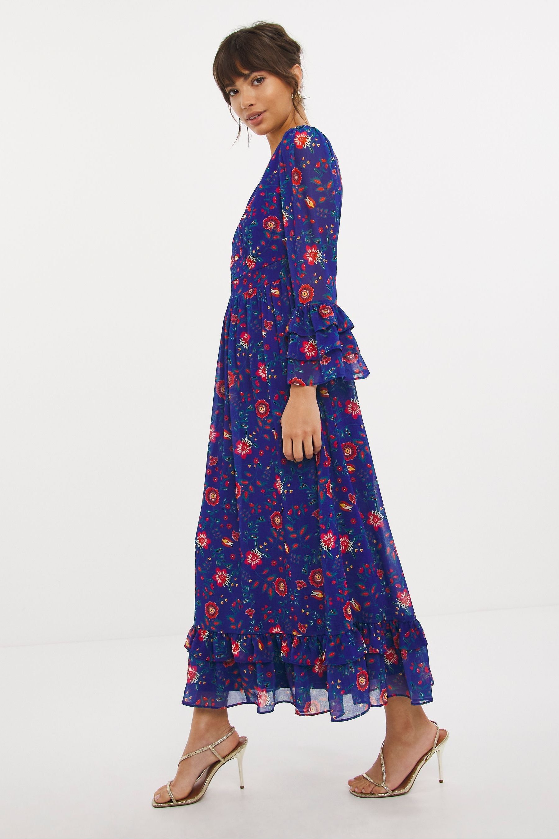 Buy Joanna Hope Blue Print Tiered Frill Sleeve Dress from Next Luxembourg