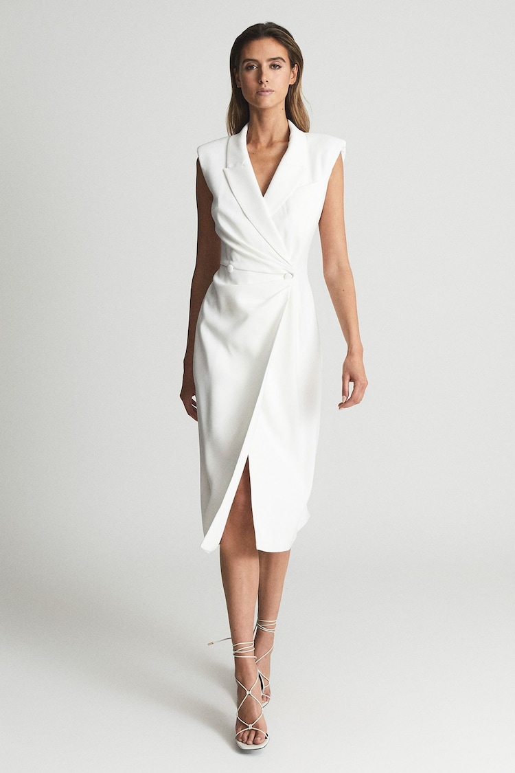 Reiss White Cecile Tuxedo Bodycon Midi Dress - Image 1 of 7