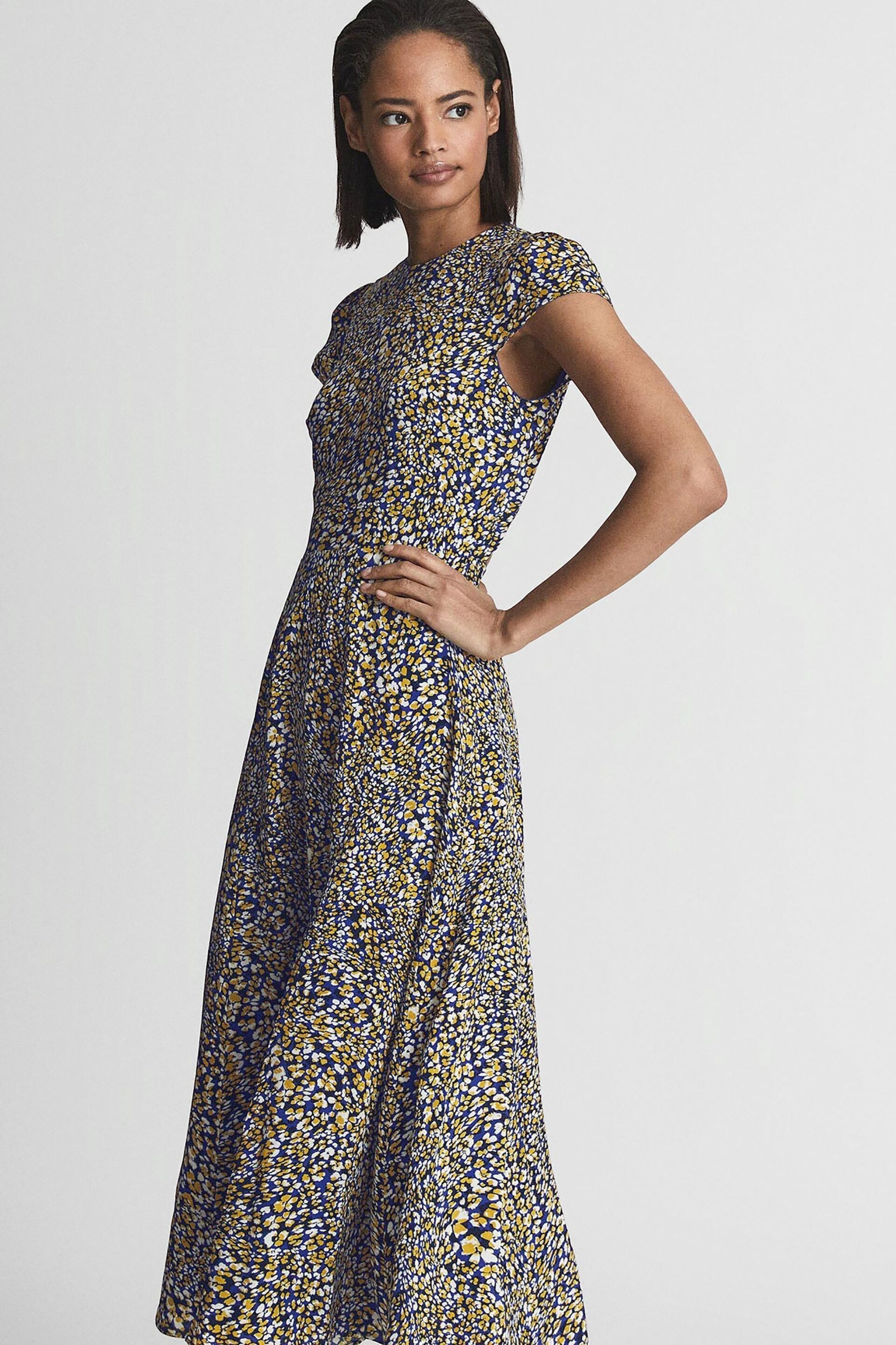 Reiss Blue Livia Printed Cut Out Back Midi Dress - Image 1 of 6