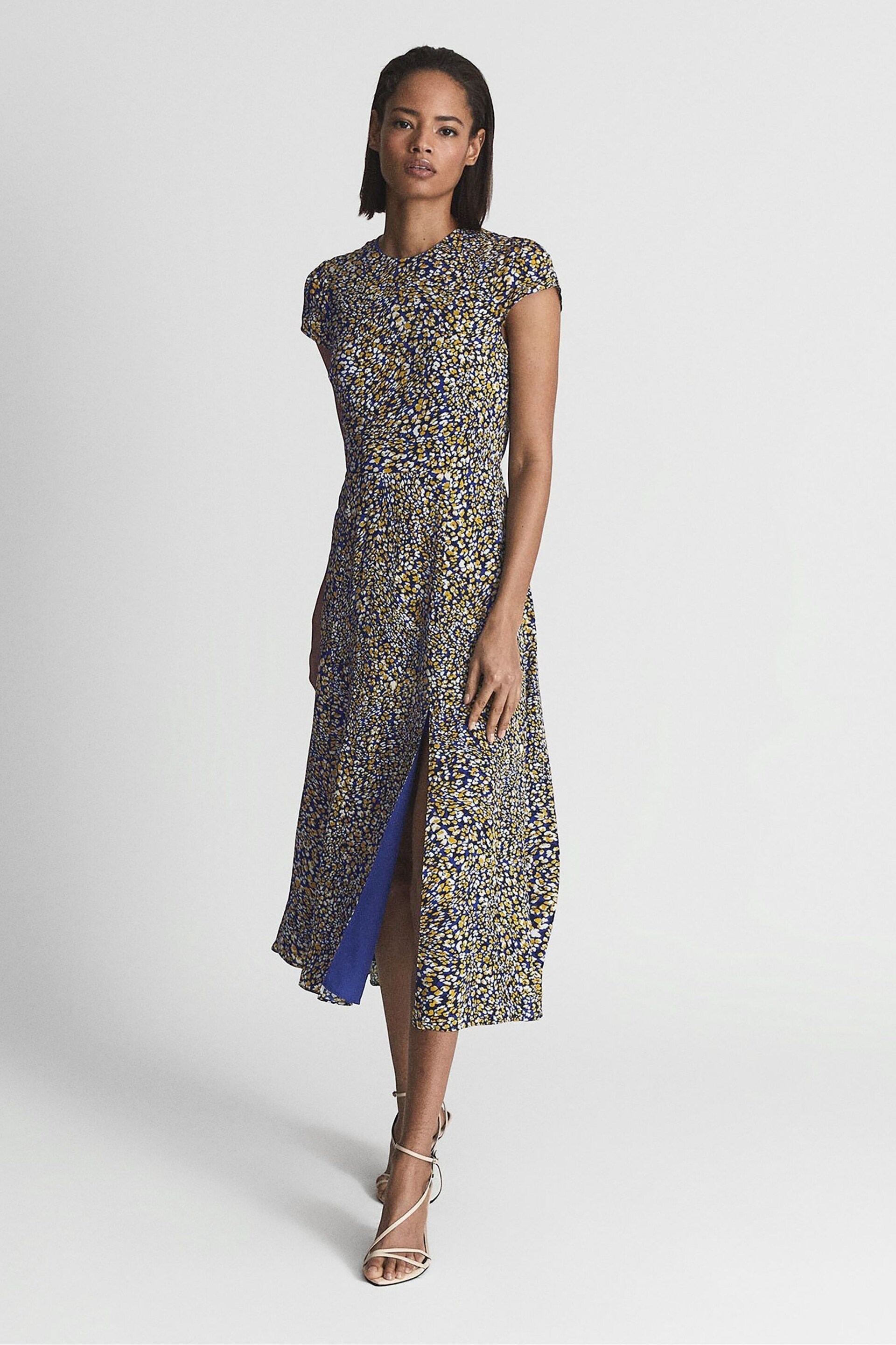 Reiss Blue Livia Printed Cut Out Back Midi Dress - Image 3 of 6