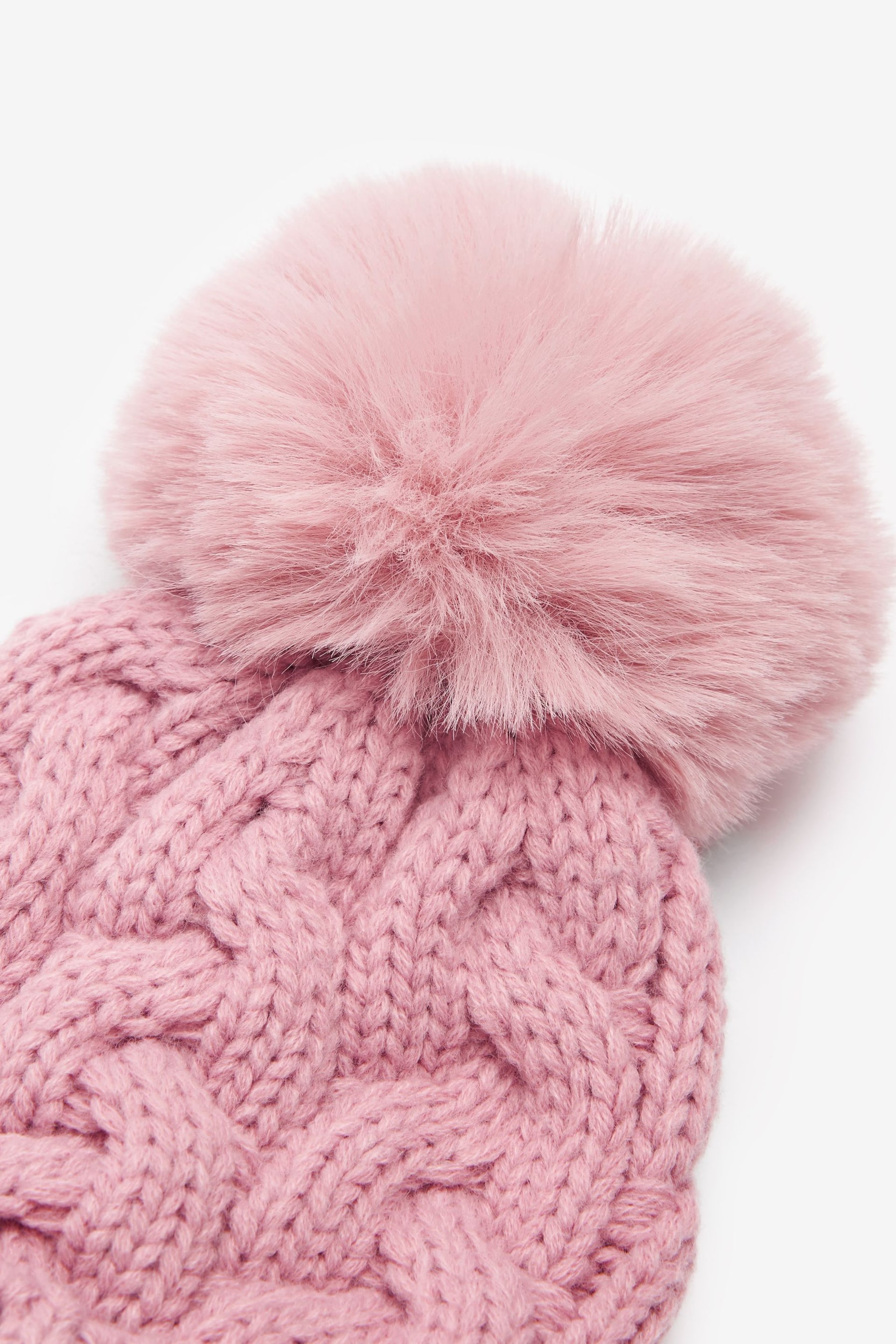 Pale Pink Cable Knit Pom Pom Beanie Hat (3mths-16yrs) - Image 2 of 2
