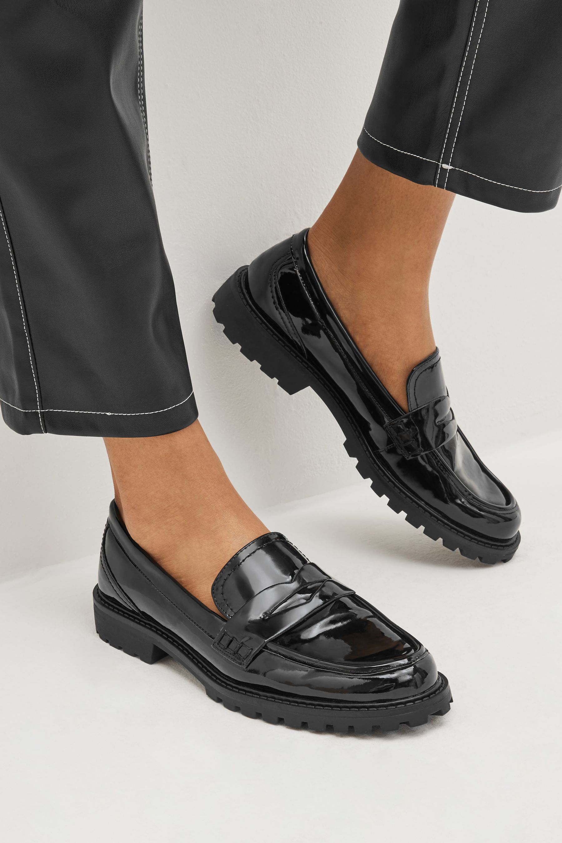 NEXT Black Forever Comfort Clean Patent Chunky Loafer Shoes 55 Womens