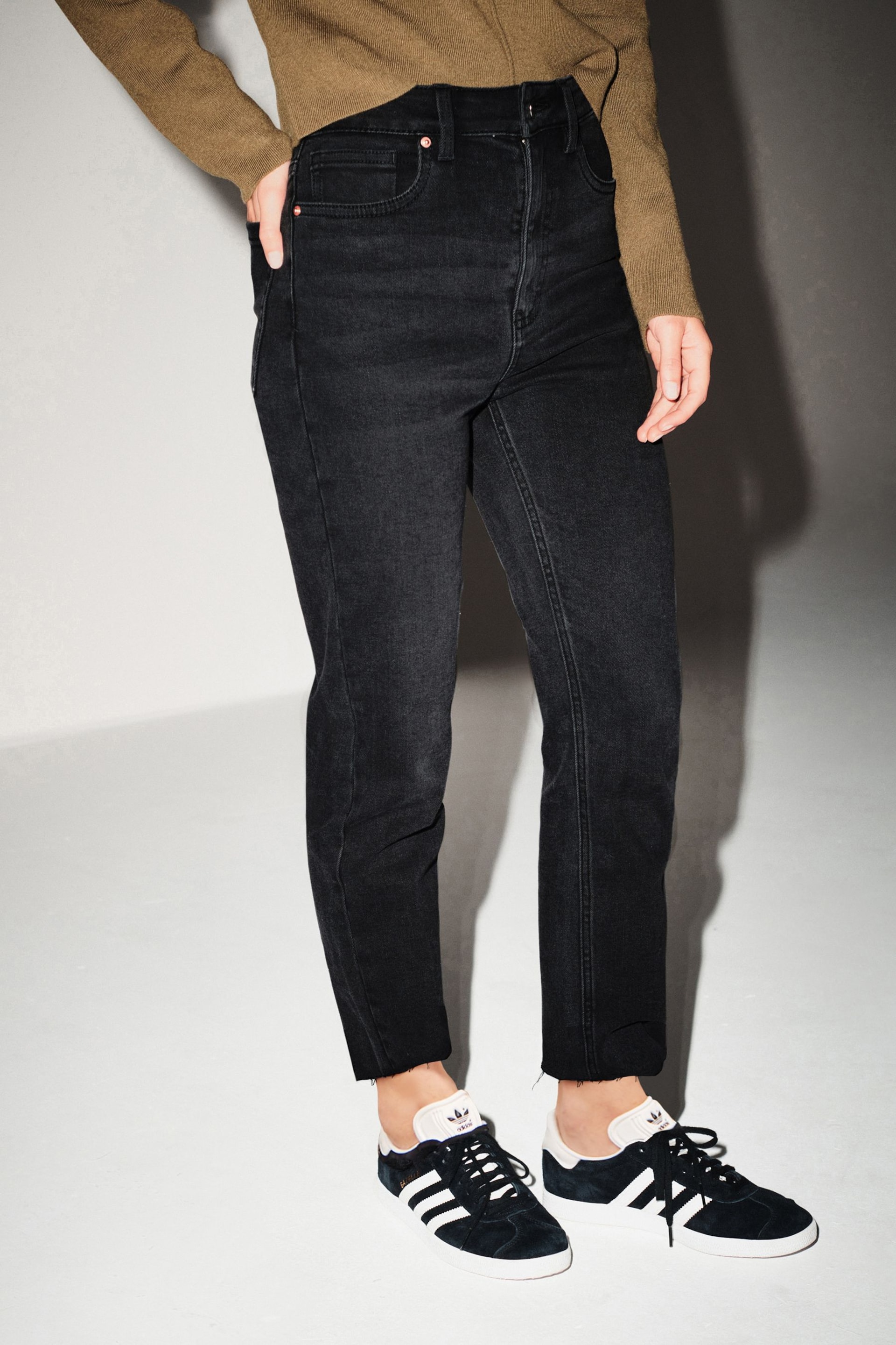 Washed Black Straight Leg Jeans With Raw Hem - Image 2 of 5