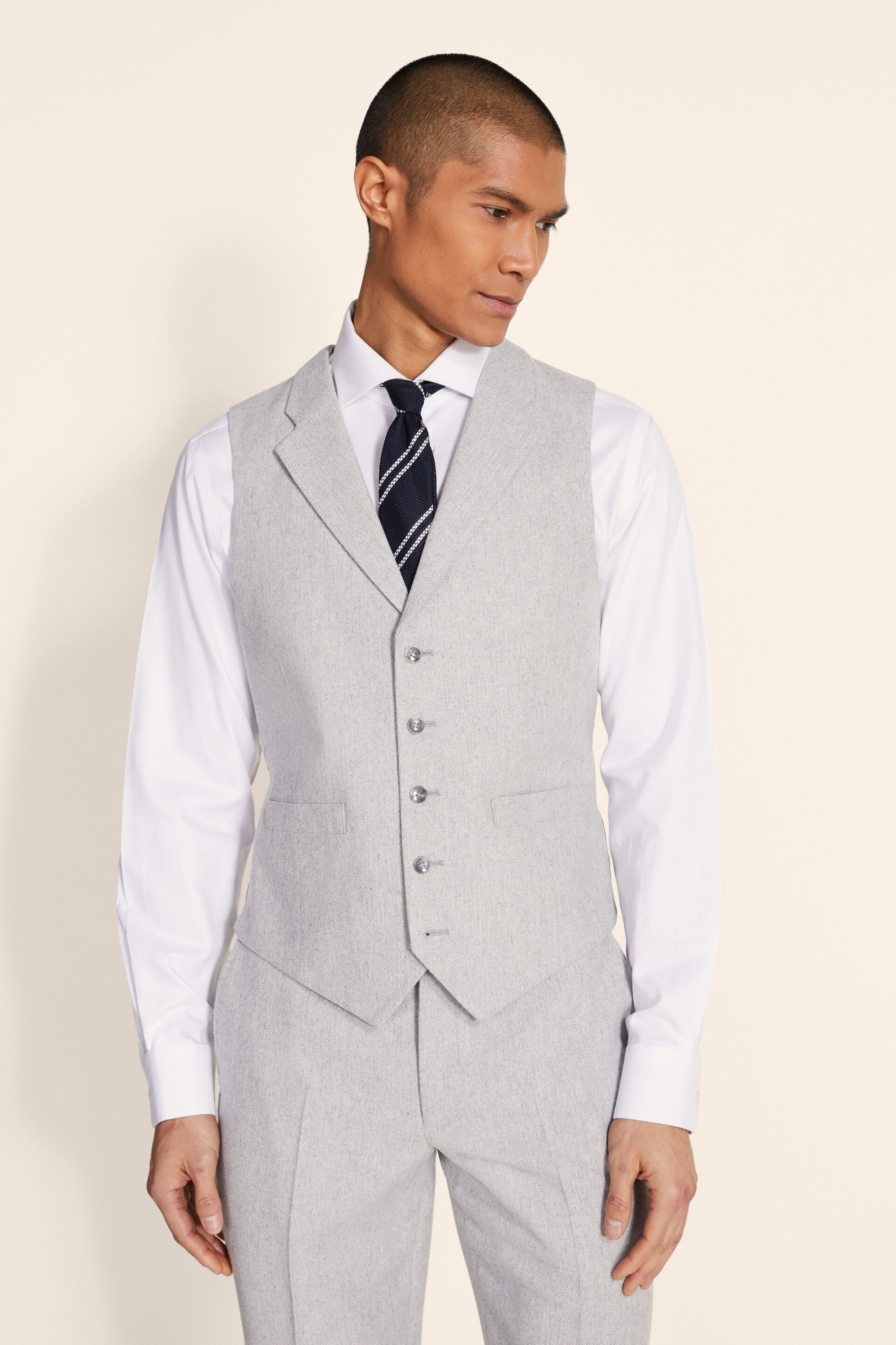 MOSS Light Grey Tailored Fit Herringbone Waistcoat - Image 1 of 2