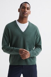 Reiss Pine Green Spires Merino V-Neck Relaxed Jumper - Image 1 of 7