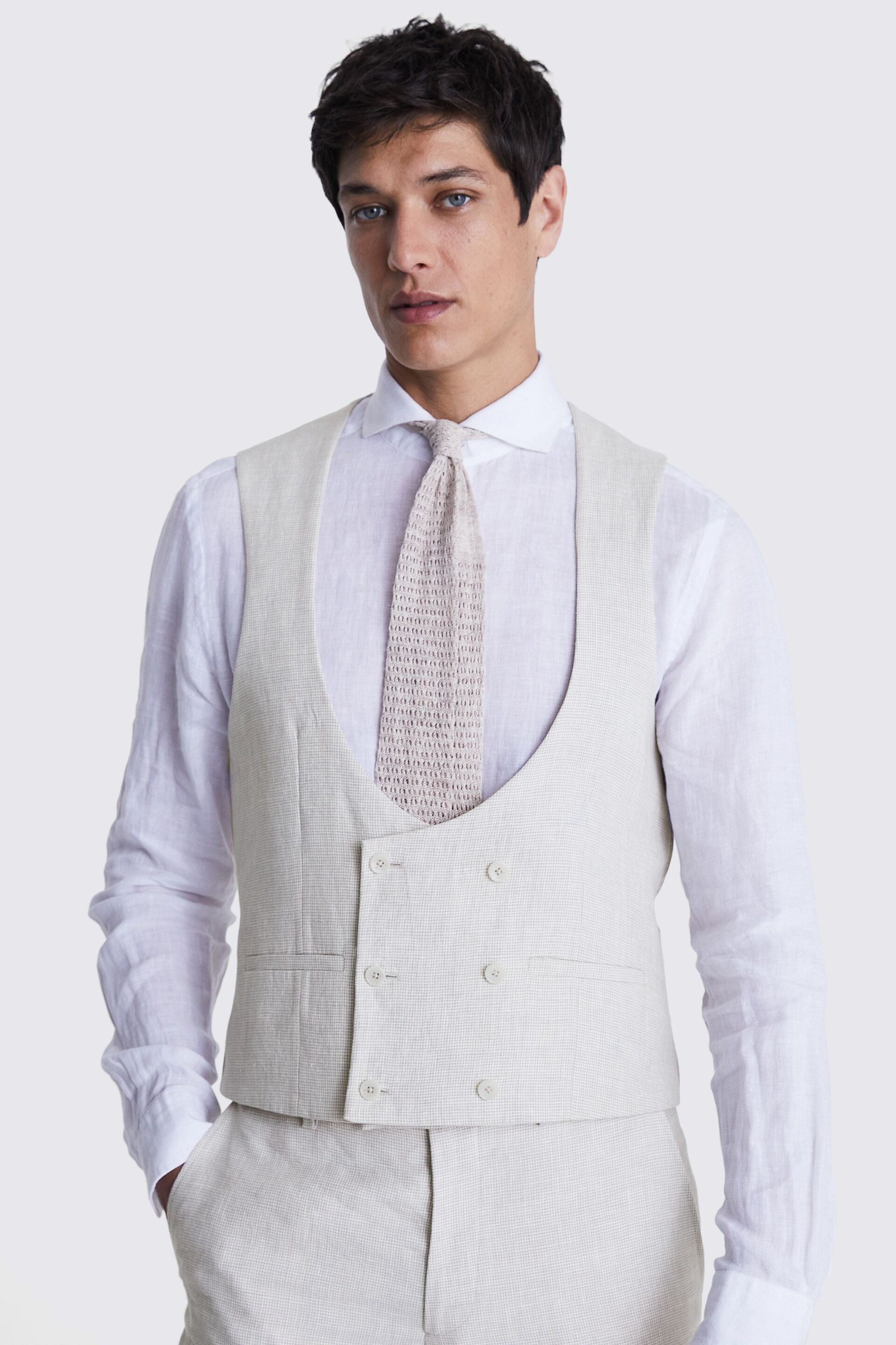 MOSS Stone Grey Slim Fit Stone Puppytooth Linen Waistcoat - Image 1 of 3