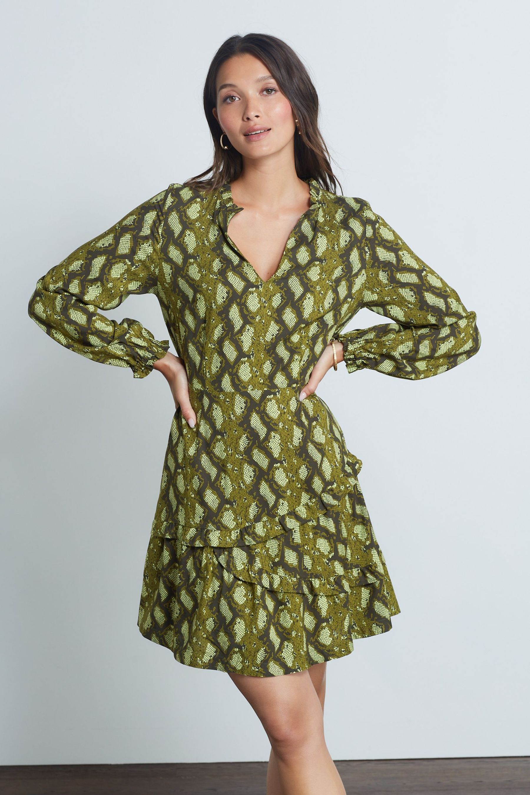 Green snake print wrap dress online