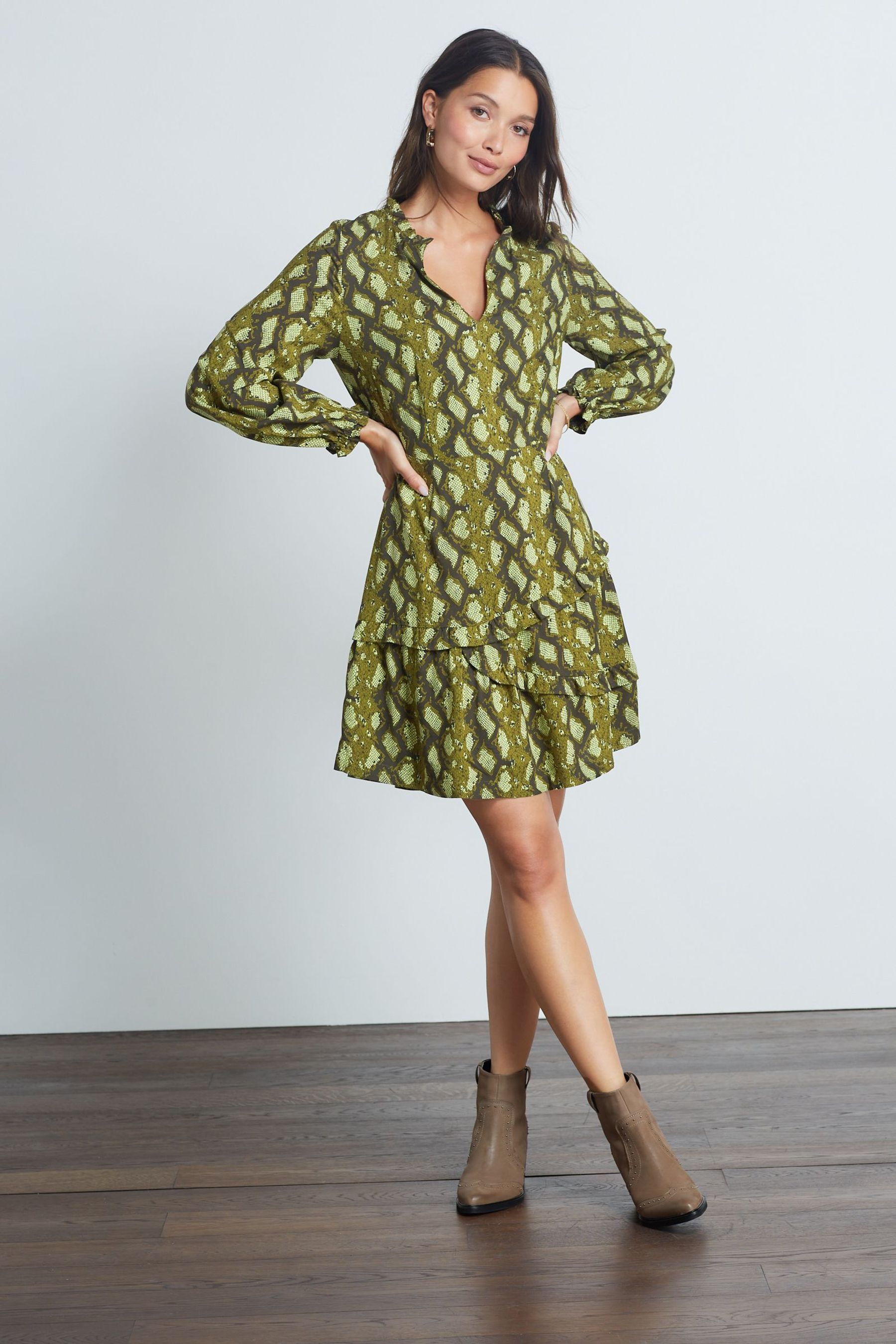Buy Green Snake Print Long Sleeve V Neck Ruffle Mini Tea Dress from Next Luxembourg