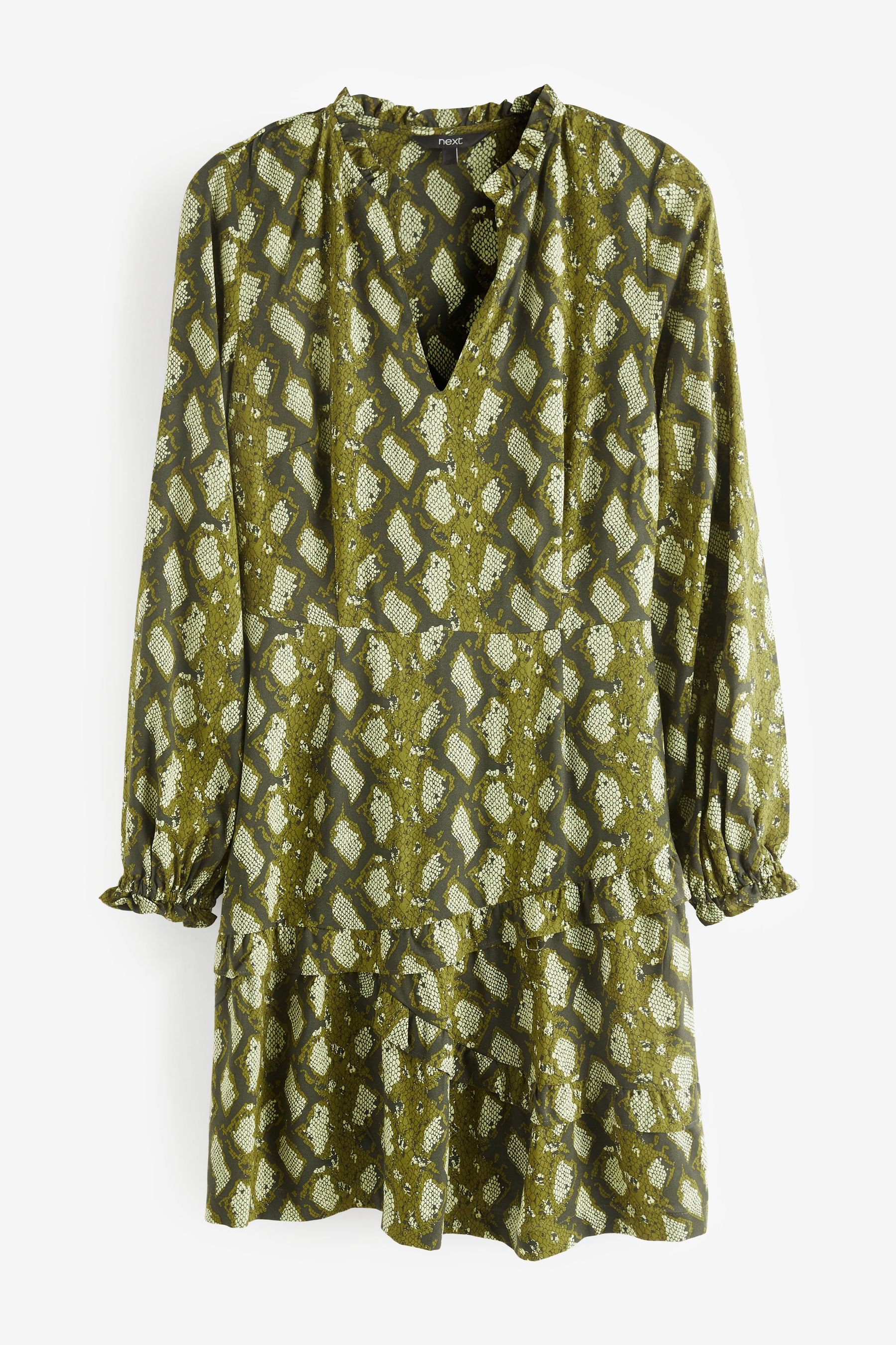 Buy Green Snake Print Long Sleeve V Neck Ruffle Mini Tea Dress from Next Luxembourg