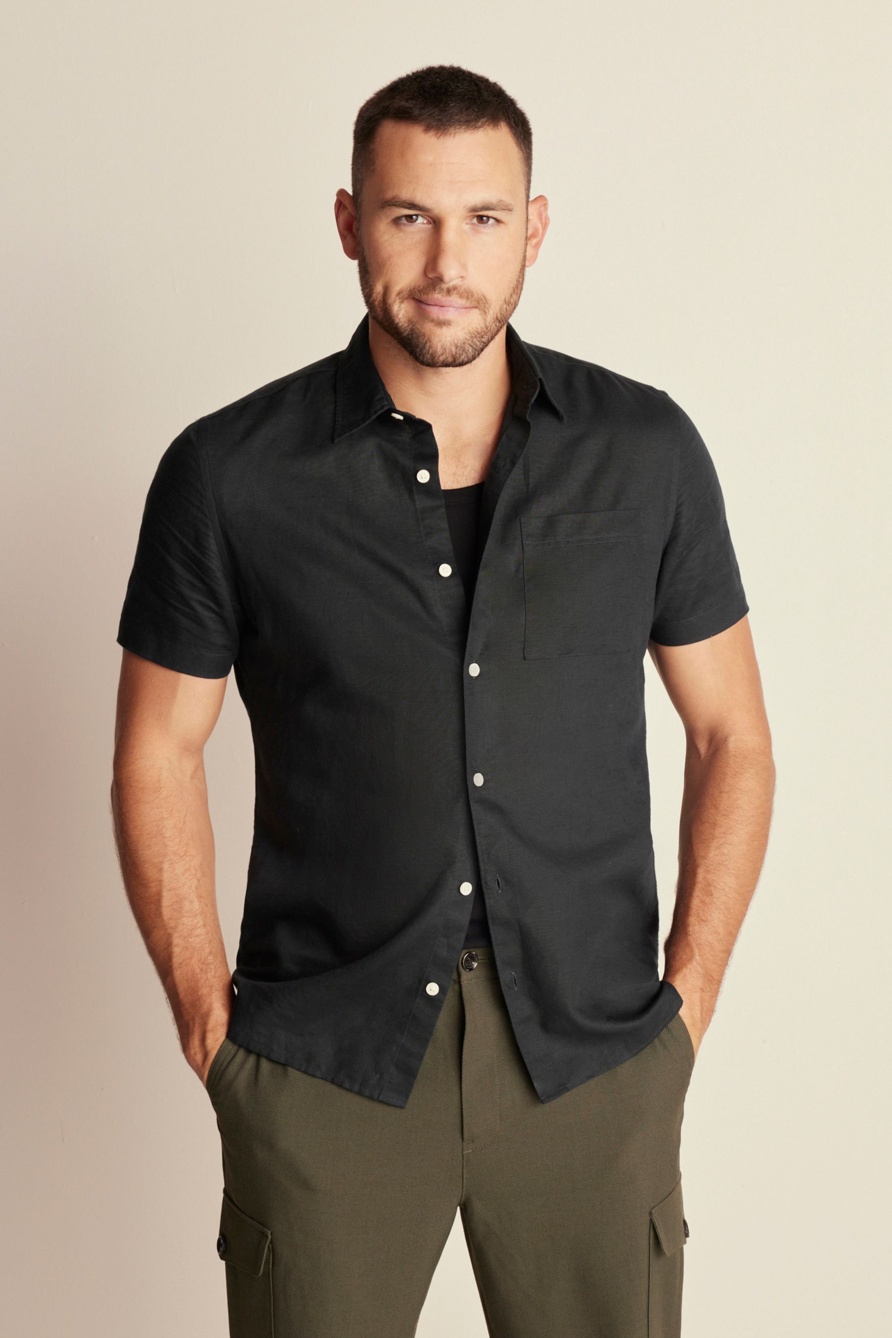 Buy Black Standard Collar Linen Blend Short Sleeve Shirt from Next Canada