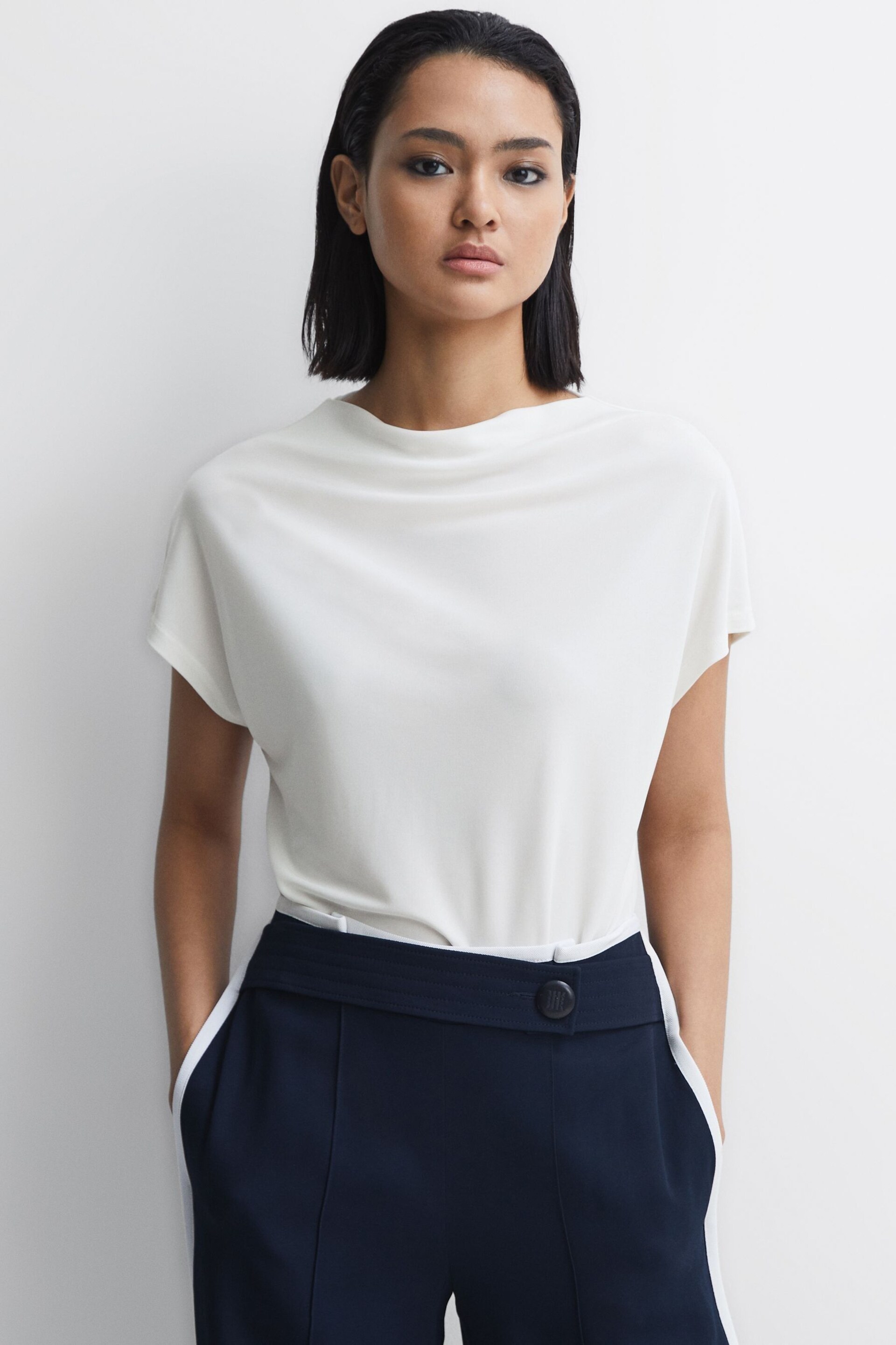 Reiss Cream Poppy High Neck Jersey Top - Image 1 of 4