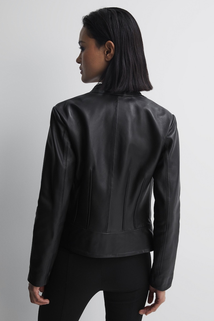 Reiss Black Allie Leather Collarless Biker Kenneth Jacket - Image 4 of 4