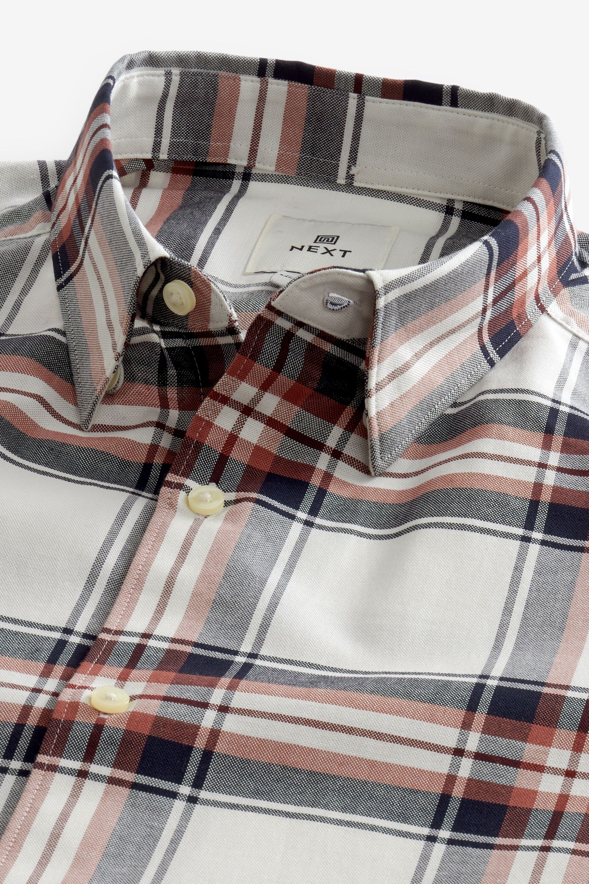 Ecru White/Navy Blue Stretch Oxford Check Short Sleeve Shirt - Image 7 of 8