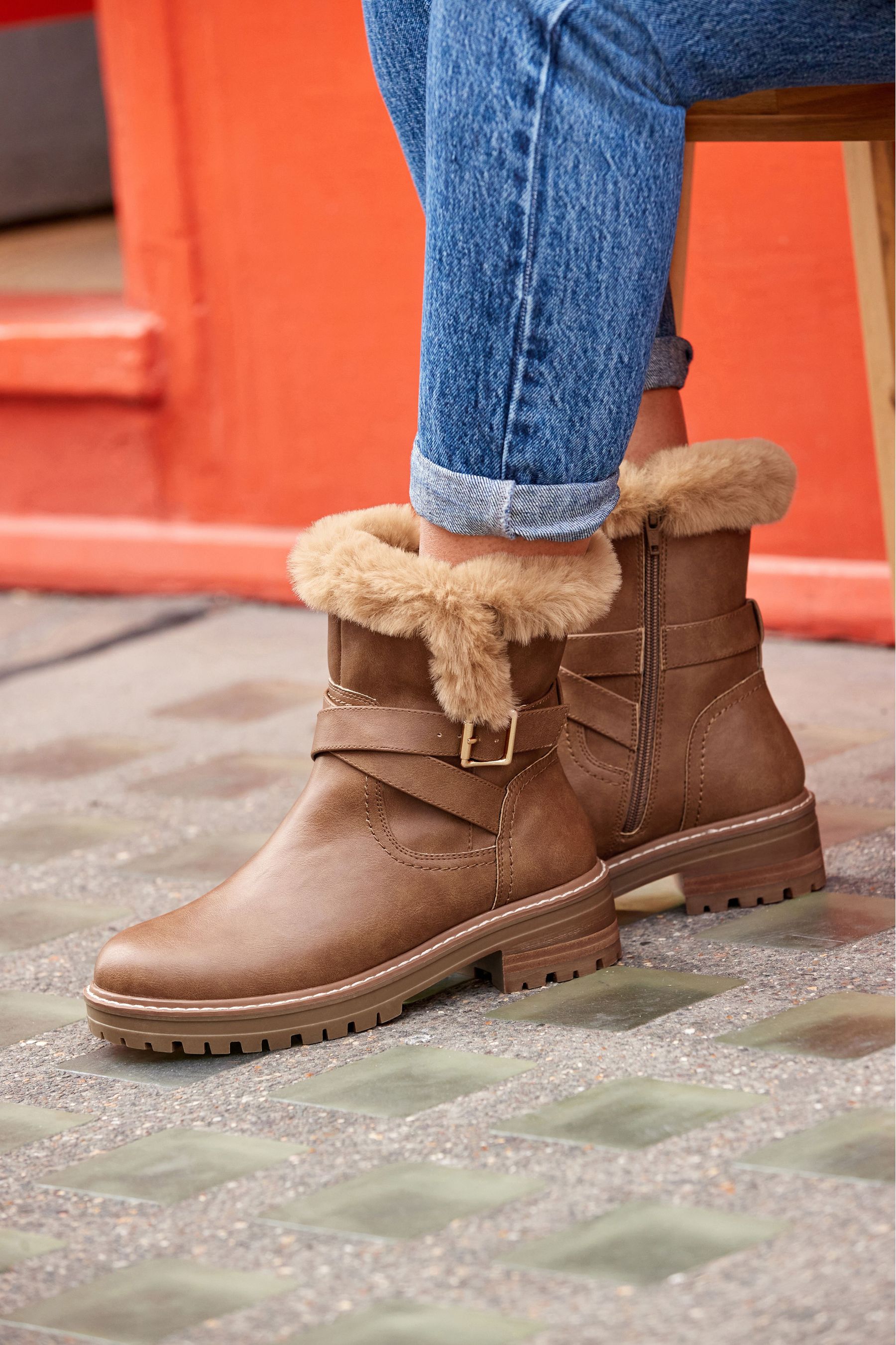 Buy Tan Brown Regular Wide Fit Forever Comfort Faux Fur Lined Buckle Detail Boots from Next Estonia